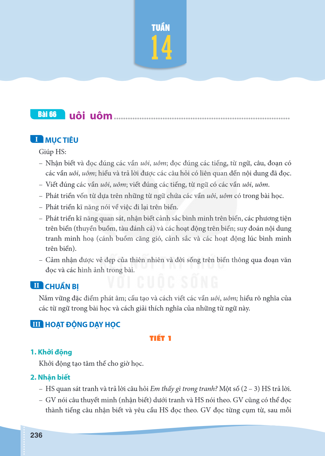 TUẦN 14 Bài 66. uôi uôm I MỤC TIÊU Giúp HS: Nhận biết và đọc đúng các vần uôi, uôm; đọc đúng các tiếng, từ ngữ, câu, đoạn có các vần uôi, uôm; hiểu và trả lời đ