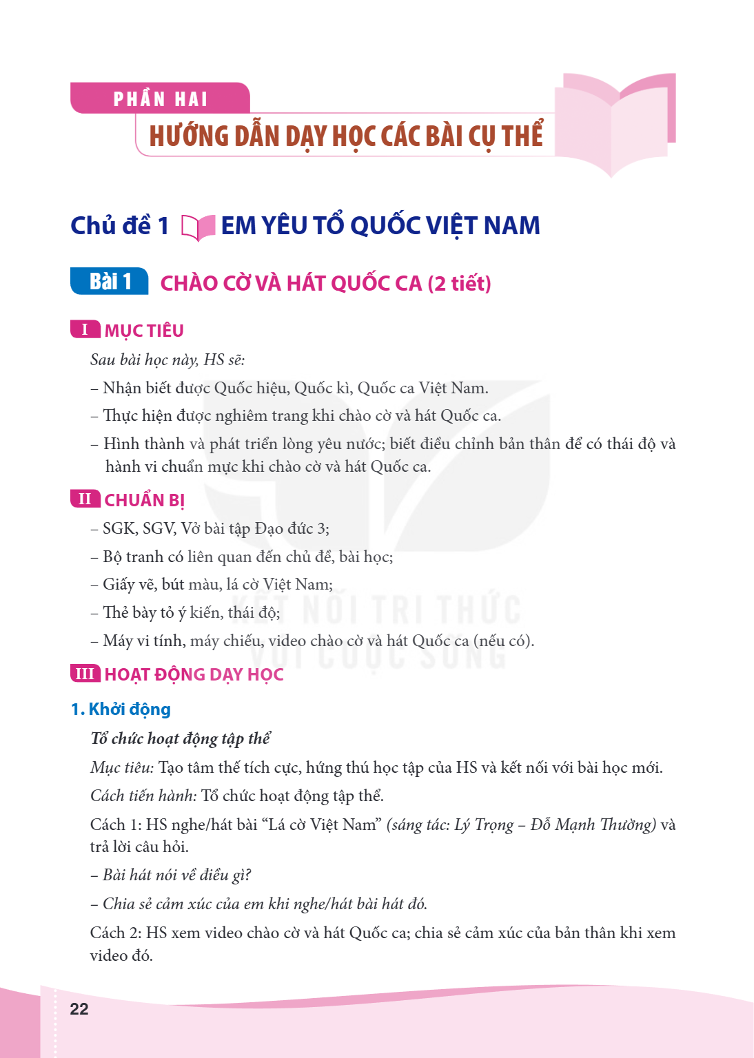 Bài 1 CHÀO CỜ VÀ HÁT QUỐC CA (2 tiết) I MỤC TIÊU Sau bài học này, HS sẽ: Nhận biết được Quốc hiệu, Quốc kì, Quốc ca Việt Nam. Thực hiện được nghiêm trang khi ch