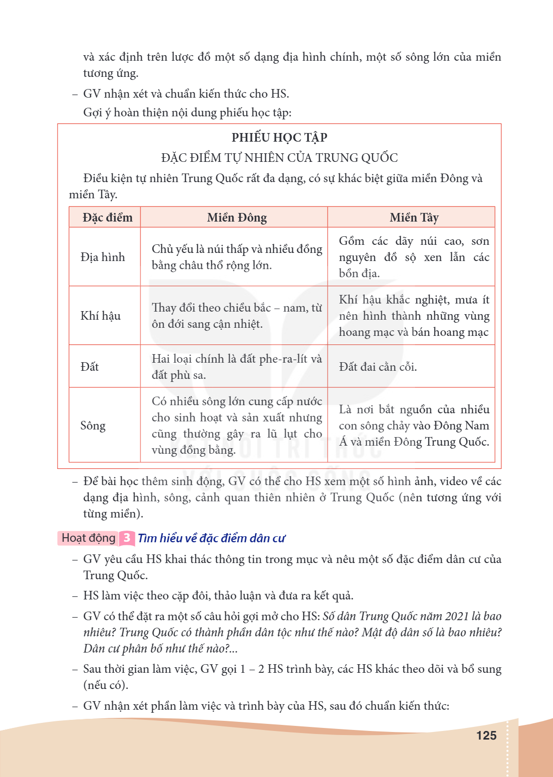 và xác định trên lược đồ một số dạng địa hình chính, một số sông lớn của miền tương ứng. – GV nhận xét và chuẩn kiến thức cho HS. Gợi ý hoàn thiện nội dung phiế
