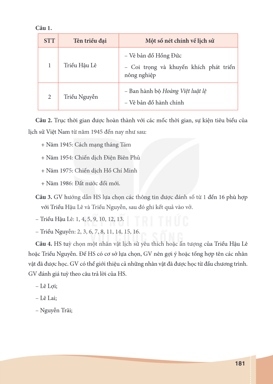 Câu 1. STT, Tên triều đại, Một số nét chính về lịch sử 1, Triều Hậu Lê, – Vẽ bản đồ Hồng Đức – Coi trọng và khuyến khích phát triển nông nghiệp 2, Triều Nguyễn,