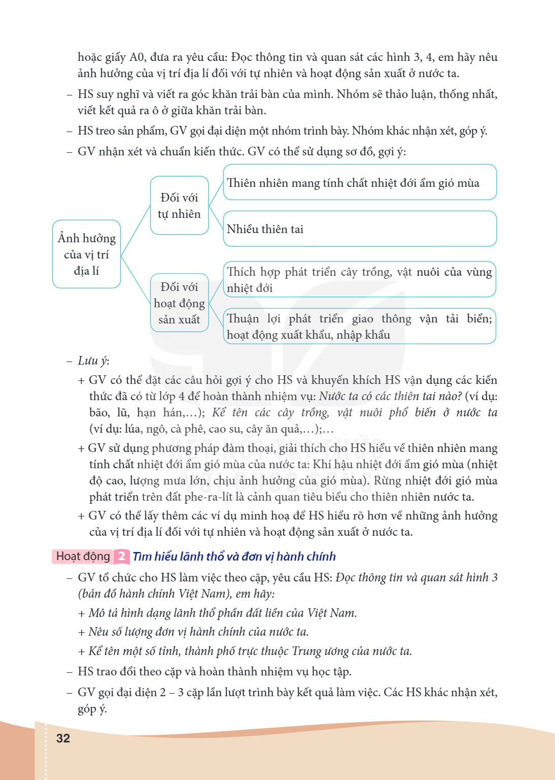 hoặc giấy A0, đưa ra yêu cầu: Đọc thông tin và quan sát các hình 3, 4, em hãy nêu ảnh hưởng của vị trí địa lí đối với tự nhiên và hoạt động sản xuất ở nước ta. 