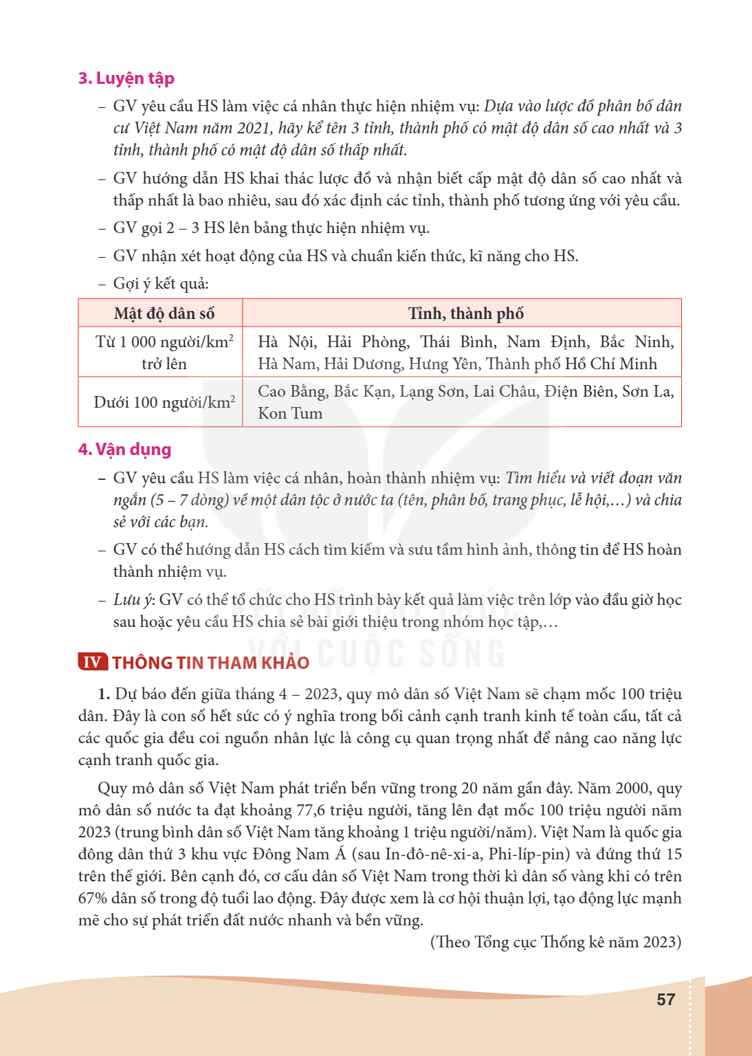 3. Luyện tập GV yêu cầu HS làm việc cá nhân thực hiện nhiệm vụ: Dựa vào lược đồ phân bố dân cư Việt Nam năm 2021, hãy kể tên 3 tỉnh, thành phố có mật độ dân số 