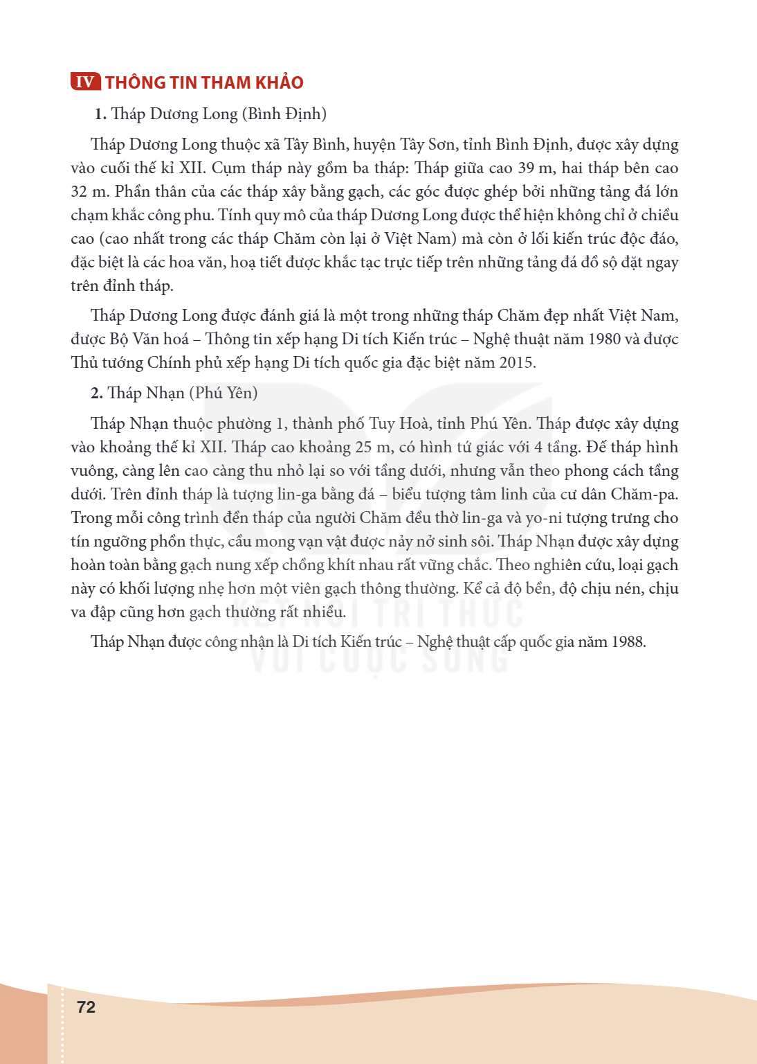 IV THÔNG TIN THAM KHẢO 1. Tháp Dương Long (Bình Định) Tháp Dương Long thuộc xã Tây Bình, huyện Tây Sơn, tỉnh Bình Định, được xây dựng vào cuối thế kỉ XII. Cụm t