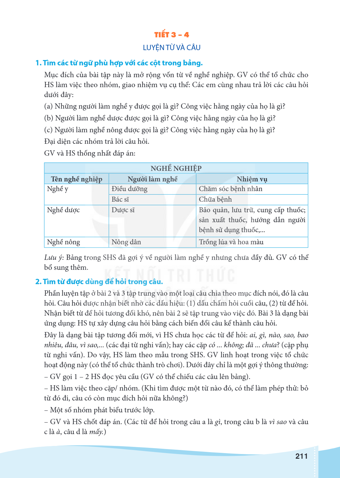 TIẾT 3 – 4 LUYỆN TỪ VÀ CÂU 1. Tìm các từ ngữ phù hợp với các cột trong bảng. Mục đích của bài tập này là mở rộng vốn từ về nghề nghiệp. GV có thể tổ chức cho HS