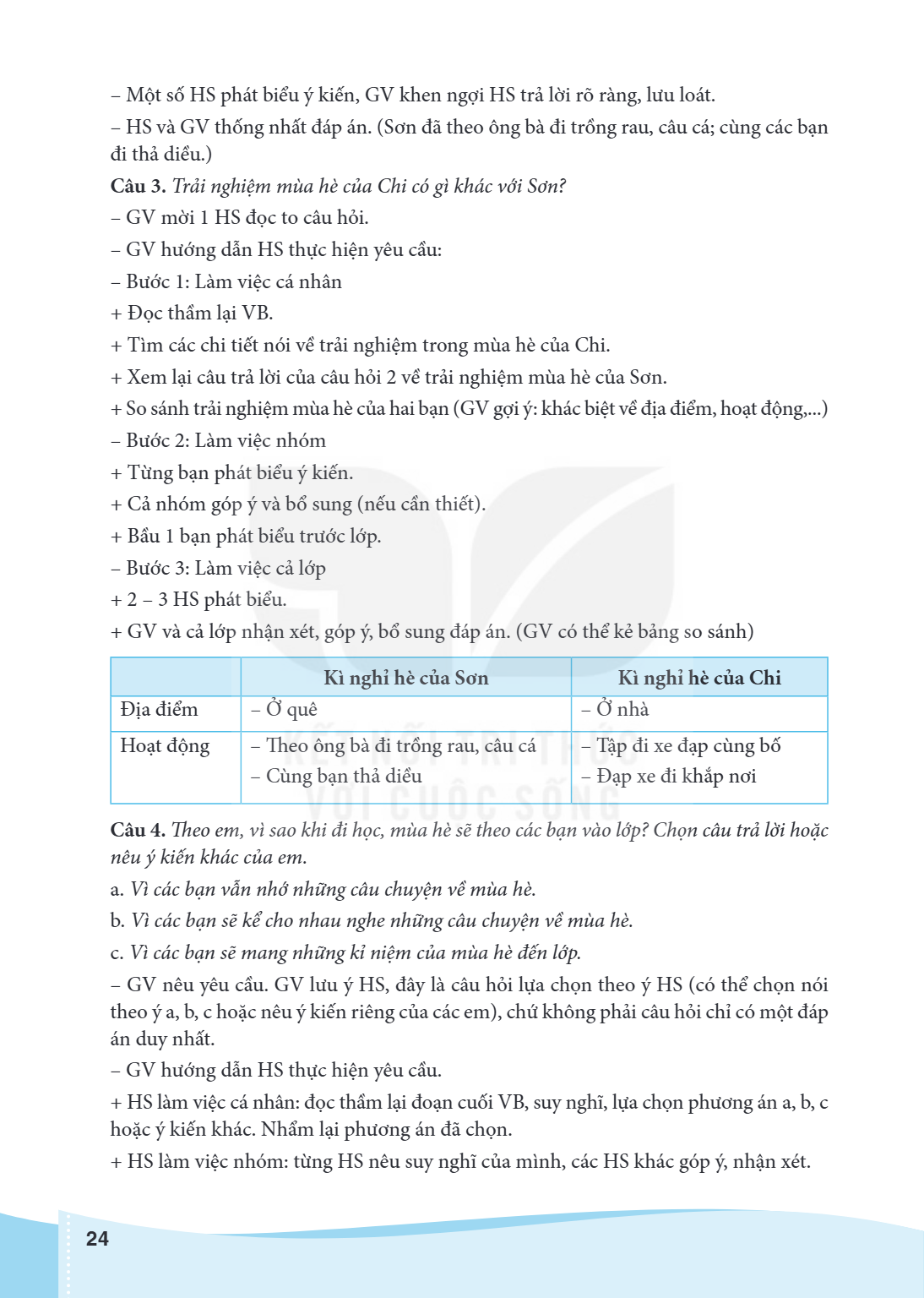 – Một số HS phát biểu ý kiến, GV khen ngợi HS trả lời rõ ràng, lưu loát. – HS và GV thống nhất đáp án. (Sơn đã theo ông bà đi trồng rau, câu cá; cùng các bạn đi