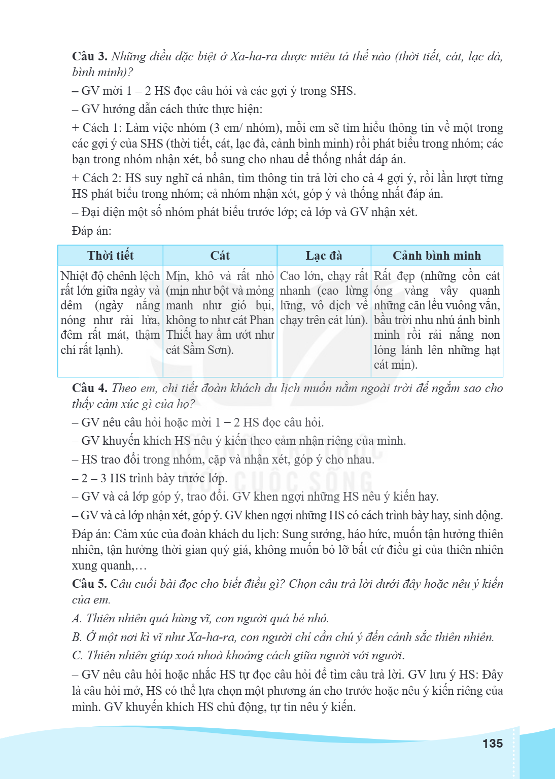 Câu 3. Những điều đặc biệt ở Xa-ha-ra được miêu tả thế nào (thời tiết, cát, lạc đà, bình minh)? – GV mời 1 – 2 HS đọc câu hỏi và các gợi ý trong SHS. – GV hướng