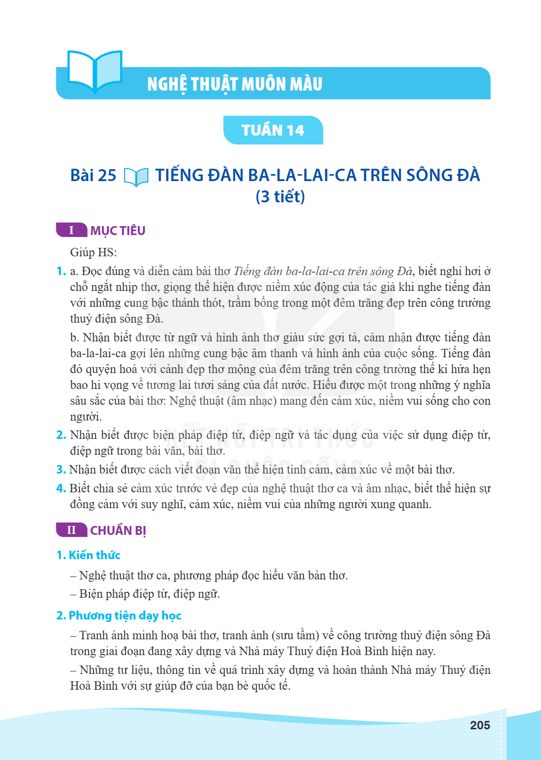 NGHỆ THUẬT MUÔN MÀU TUẦN 14 Bài 25. TIẾNG ĐÀN BA-LA-LAI-CA TRÊN SÔNG ĐÀ (3 tiết) I MỤC TIÊU Giúp HS: a. Đọc đúng và diễn cảm bài thơ Tiếng đàn ba-la-lai-ca trên