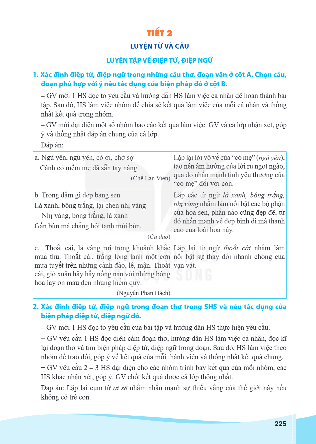 TIẾT 2 LUYỆN TỪ VÀ CÂU LUYỆN TẬP VỀ ĐIỆP TỪ, ĐIỆP NGỮ 1. Xác định điệp từ, điệp ngữ trong những câu thơ, đoạn văn ở cột A. Chọn câu, đoạn phù hợp với ý nêu tác 