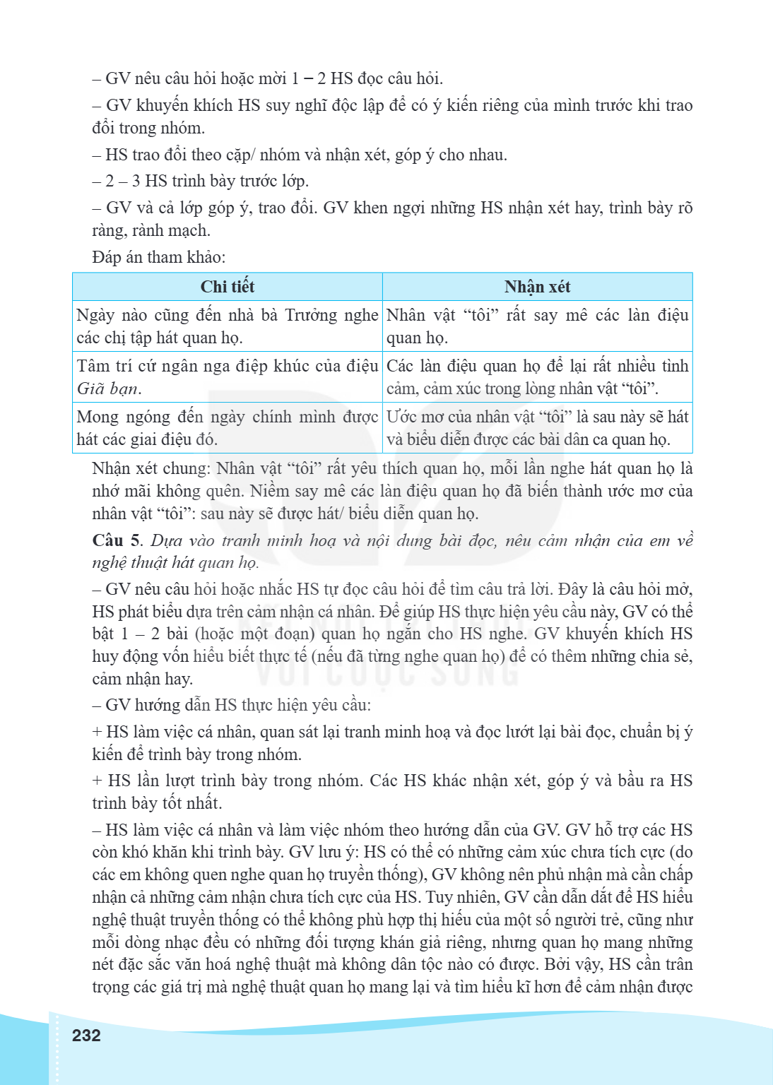 GV nêu câu hỏi hoặc mời 1 ̶ 2 HS đọc câu hỏi. - GV khuyến khích HS suy nghĩ độc lập để có ý kiến riêng của mình trước khi trao đổi trong nhóm. - HS trao đổi the
