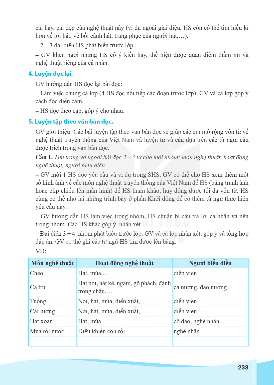 cái hay, cái đẹp của nghệ thuật này (ví dụ ngoài giai điệu, HS còn có thể tìm hiểu kĩ hơn về lời hát, về bối cảnh hát, trang phục của người hát,...). – 2 – 3 đạ