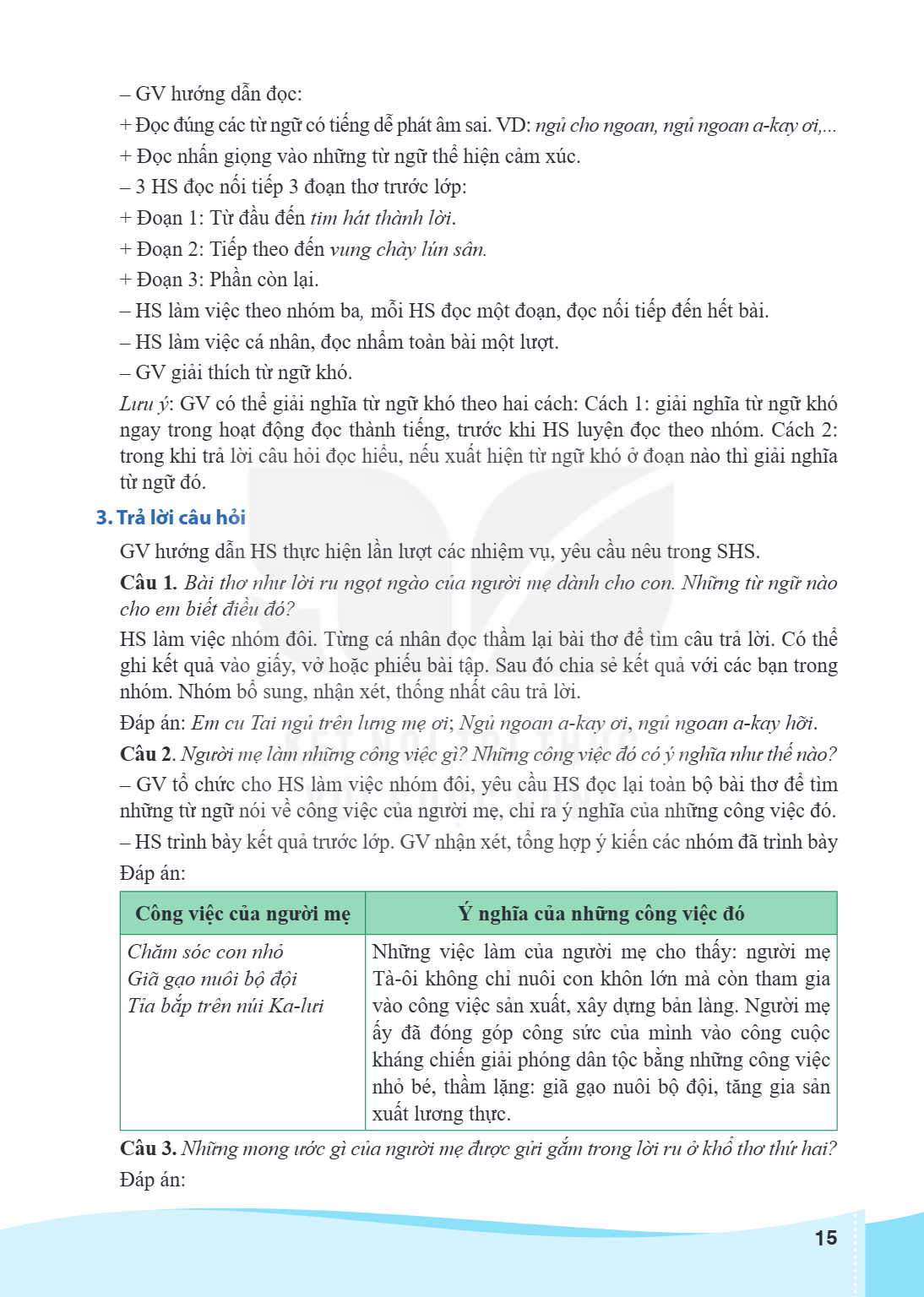 GV hướng dẫn đọc: + Đọc đúng các từ ngữ có tiếng dễ phát âm sai. VD: ngủ cho ngoan, ngủ ngoan a-kay ơi,... + Đọc nhấn giọng vào những từ ngữ thể hiện cảm xúc. -