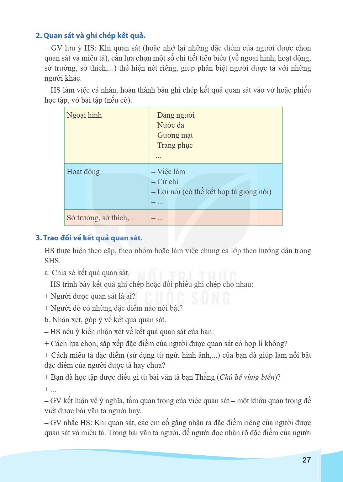 2. Quan sát và ghi chép kết quả. GV lưu ý HS: Khi quan sát (hoặc nhớ lại những đặc điểm của người được chọn quan sát và miêu tả), cầ n lự a chọ n mộ t số chi ti