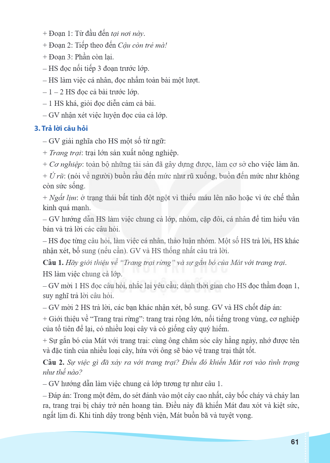 Đoạn 1: Từ đầu đến tại nơi này. + Đoạn 2: Tiếp theo đến Cậu còn trẻ mà! + Đoạn 3: Phần còn lại. - HS đọc nối tiếp 3 đoạn trước lớp. - HS làm việc cá nhân, đọc n
