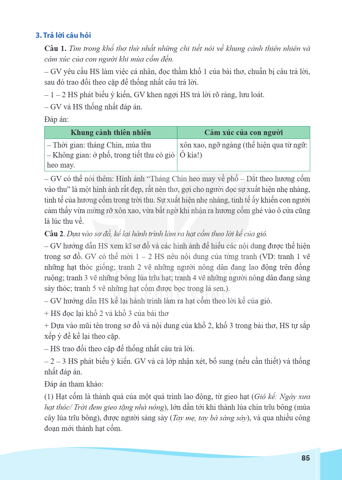 3. Trả lời câu hỏi Câu 1. Tìm trong khổ thơ thứ nhất những chi tiết nói về khung cảnh thiên nhiên và cảm xúc của con người khi mùa cốm đến. - GV yêu cầu HS làm 