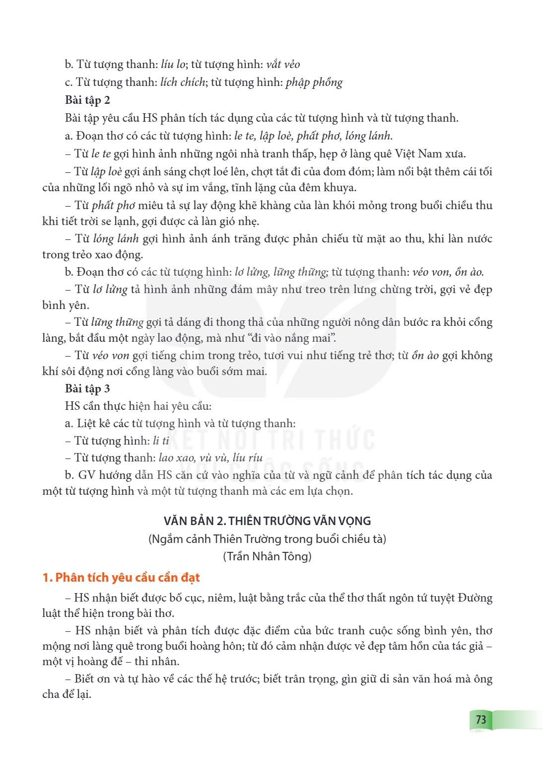 b. Từ tượng thanh: liu lo; từ tượng hình: vắt vẻo c. Từ tượng thanh: líchách; từ tượng hình: phập phồng Bài tập 2 Bài tập yêu cầu HS phân tích tác dụng của các 