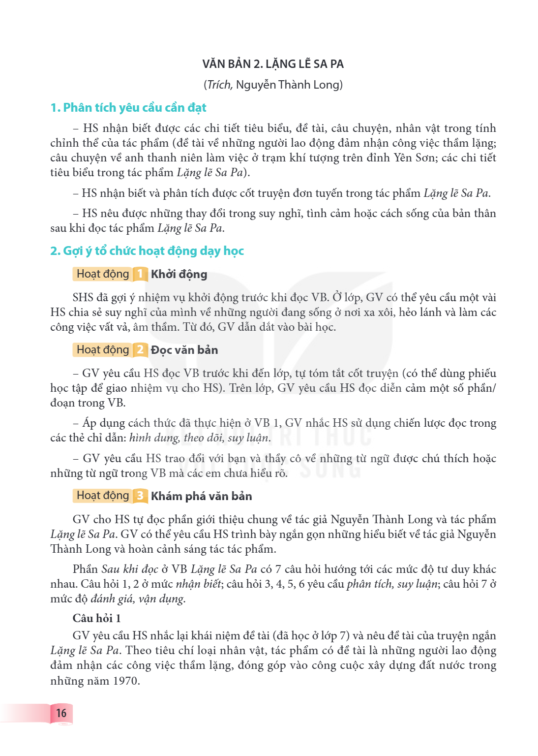 VĂN BẢN 2. LẶNG LẼ SA PA (Trích, Nguyễn Thành Long) 1. Phân tích yêu cầu cần đạt HS nhận biết được các chi tiết tiêu biểu, đề tài, câu chuyện, nhân vật trong tí