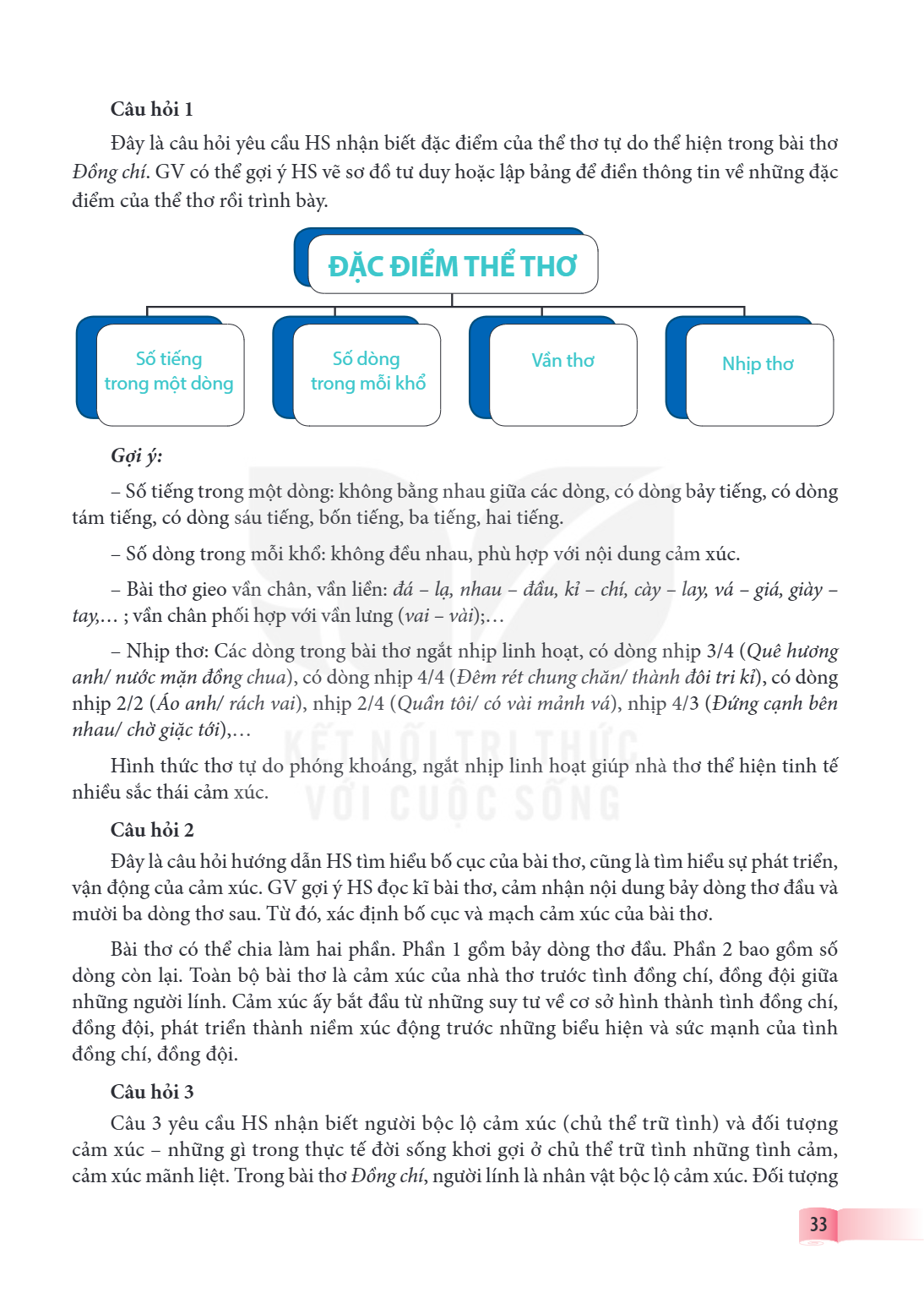 Câu hỏi 1 Đây là câu hỏi yêu cầu HS nhận biết đặc điểm của thể thơ tự do thể hiện trong bài thơ Đồng chí. GV có thể gợi ý HS vẽ sơ đồ tư duy hoặc lập bảng để đi