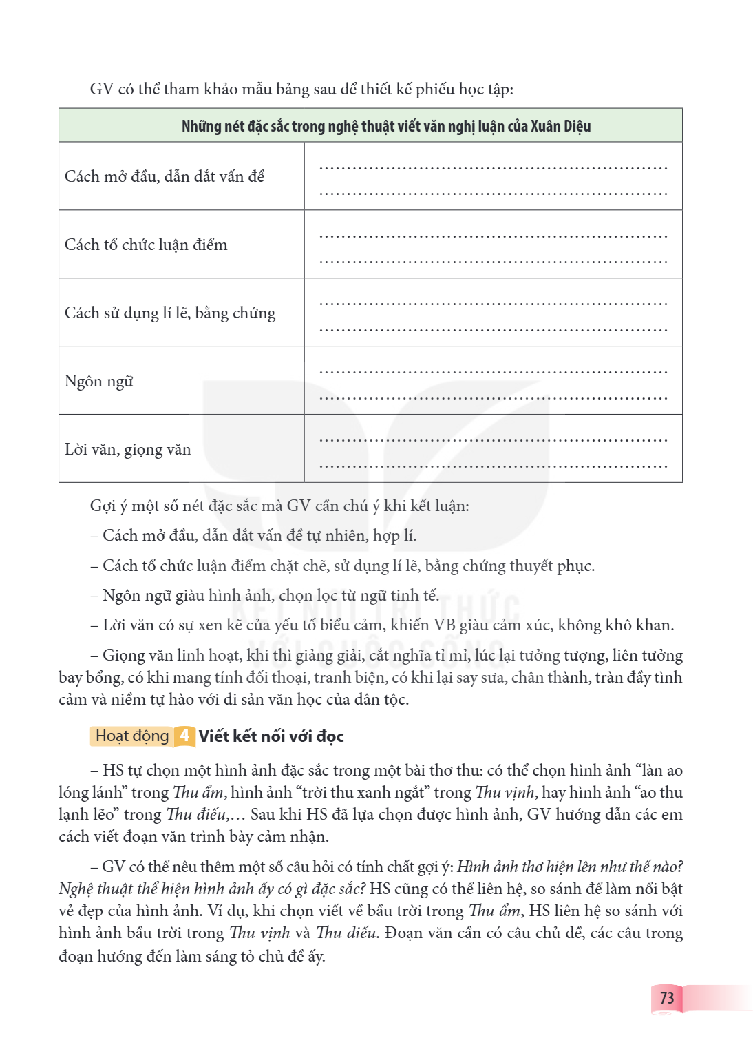GV có thể tham khảo mẫu bảng sau để thiết kế phiếu học tập: Những nét đặc sắc trong nghệ thuật viết văn nghị luận của Xuân Diệu Cách mở đầu, dẫn dắt vấn đề Cách