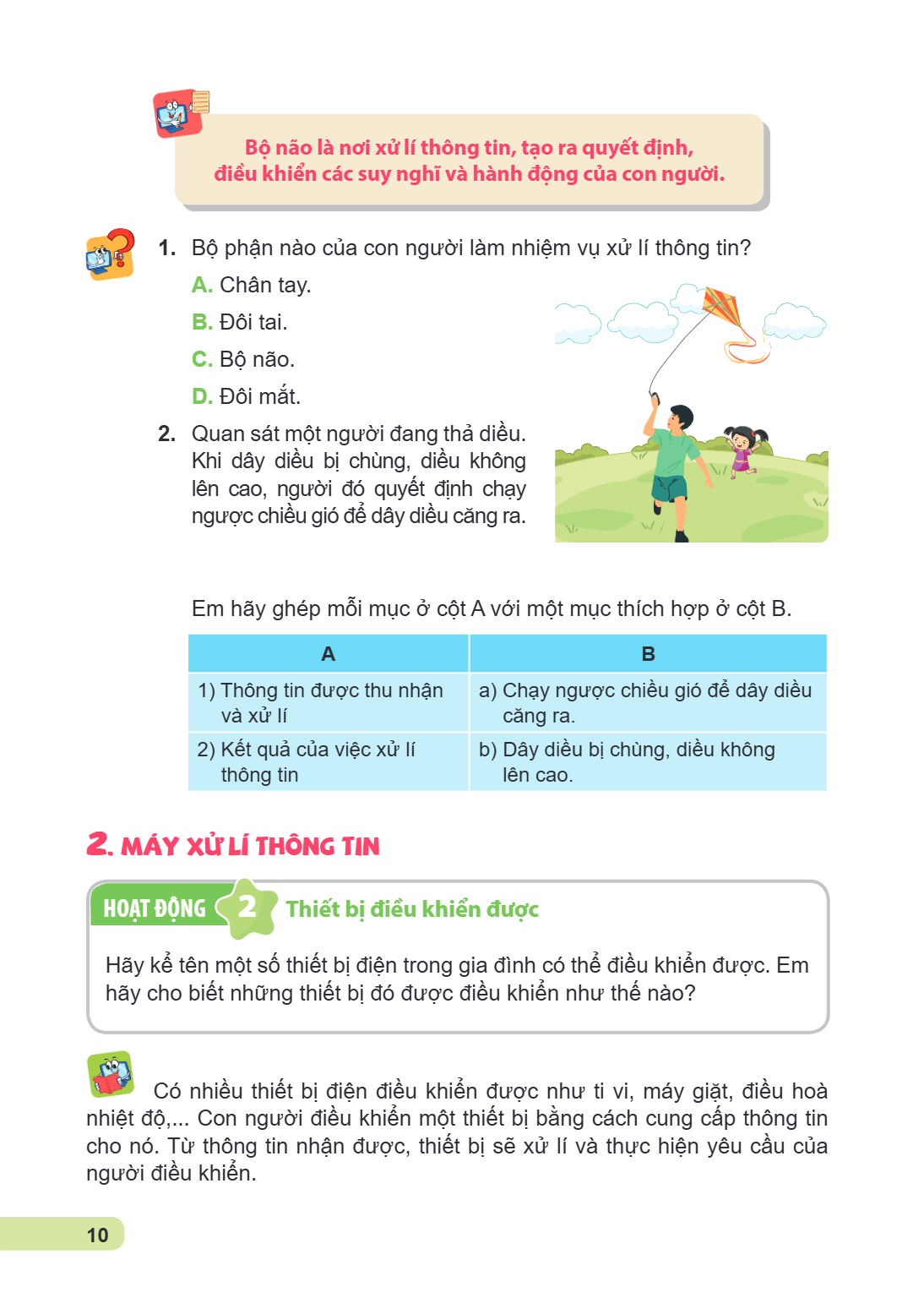 Bộ não là nơi xử lí thông tin, tạo ra quyết định, điều khiển các suy nghĩ và hành động của con người. Bộ phận nào của con người làm nhiệm vụ xử lí thông tin? A.