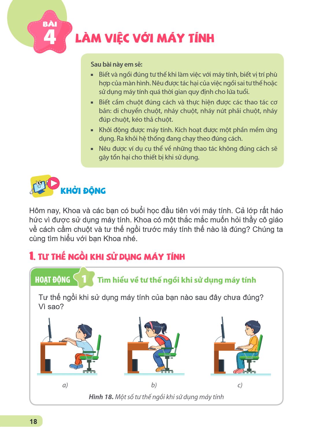 Bài 4. Làm việc với máy tính Sau bài này em sẽ: Biết và ngồi đúng tư thế khi làm việc với máy tính, biết vị trí phù hợp của màn hình. Nêu được tác hại của việc 
