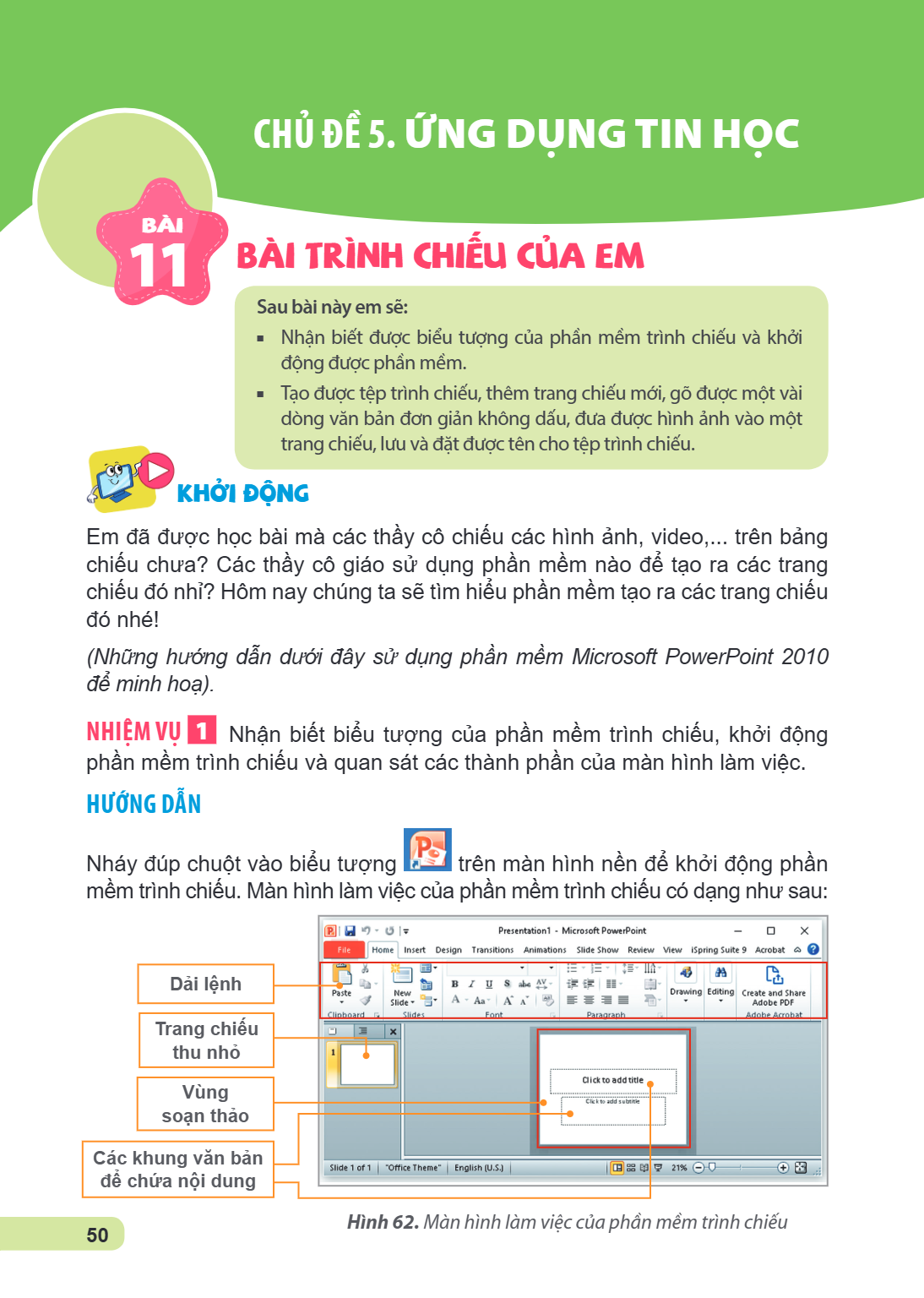 CHỦ ĐỀ 5. ỨNG DỤNG TIN HỌC Bài 11. Bài trình chiếu của em (Số thứ tự trong ô ngôi sao: 11) Sau bài này em sẽ: Nhận biết được biểu tượng của phần mềm trình chiếu