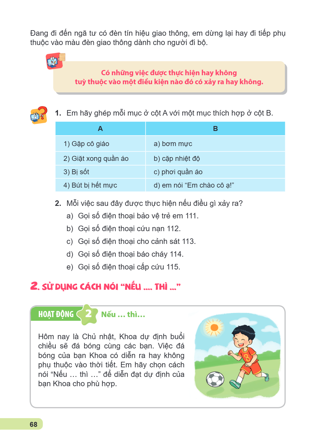 Đang đi đến ngã tư có đèn tín hiệu giao thông, em dừng lại hay đi tiếp phụ thuộc vào màu đèn giao thông dành cho người đi bộ. Có những việc được thực hiện hay k