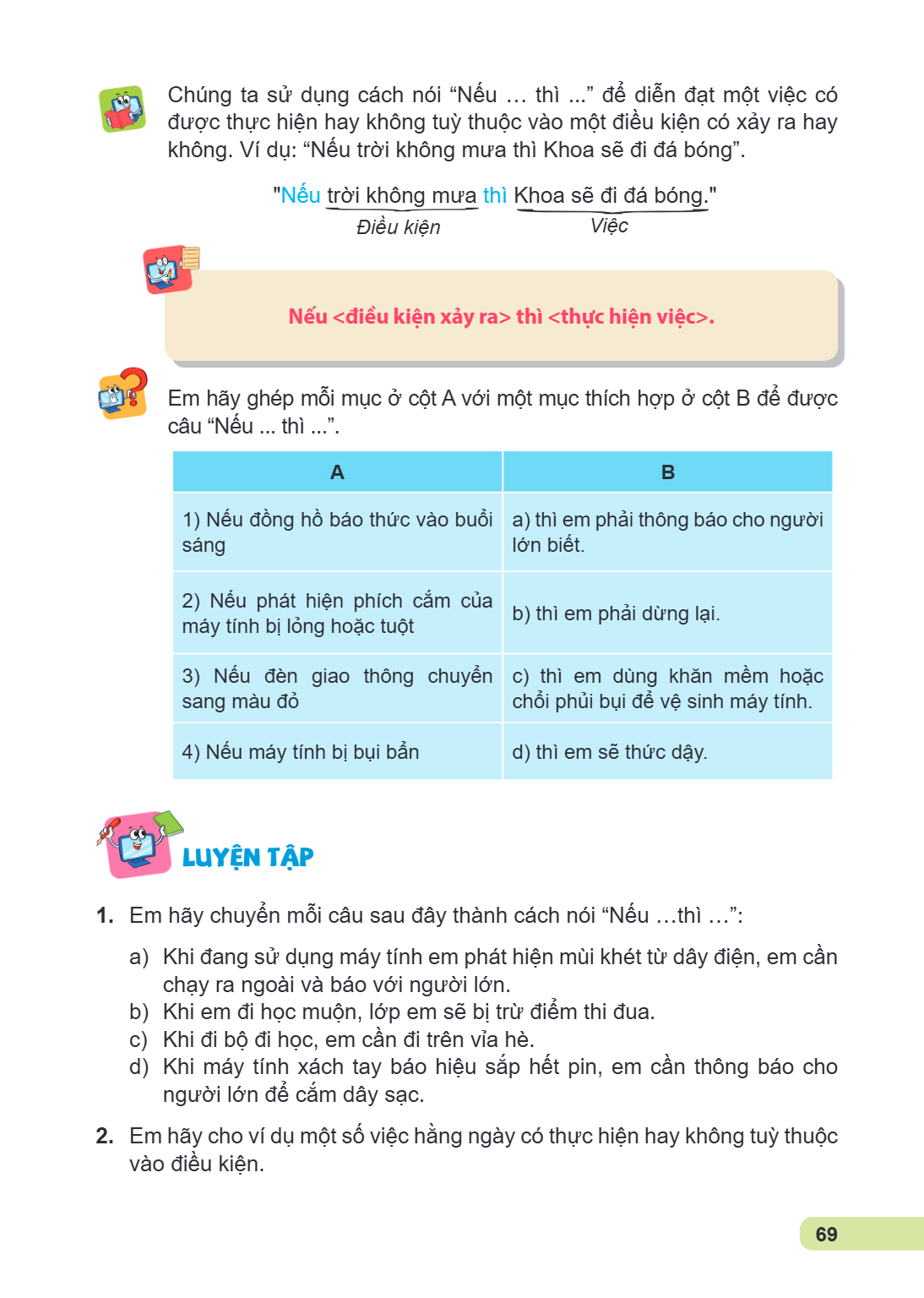 Chúng ta sử dụng cách nói "Nếu … thì ..." để diễn đạt một việc có được thực hiện hay không tuỳ thuộc vào một điều kiện có xảy ra hay không. Ví dụ: "Nếu trời khô