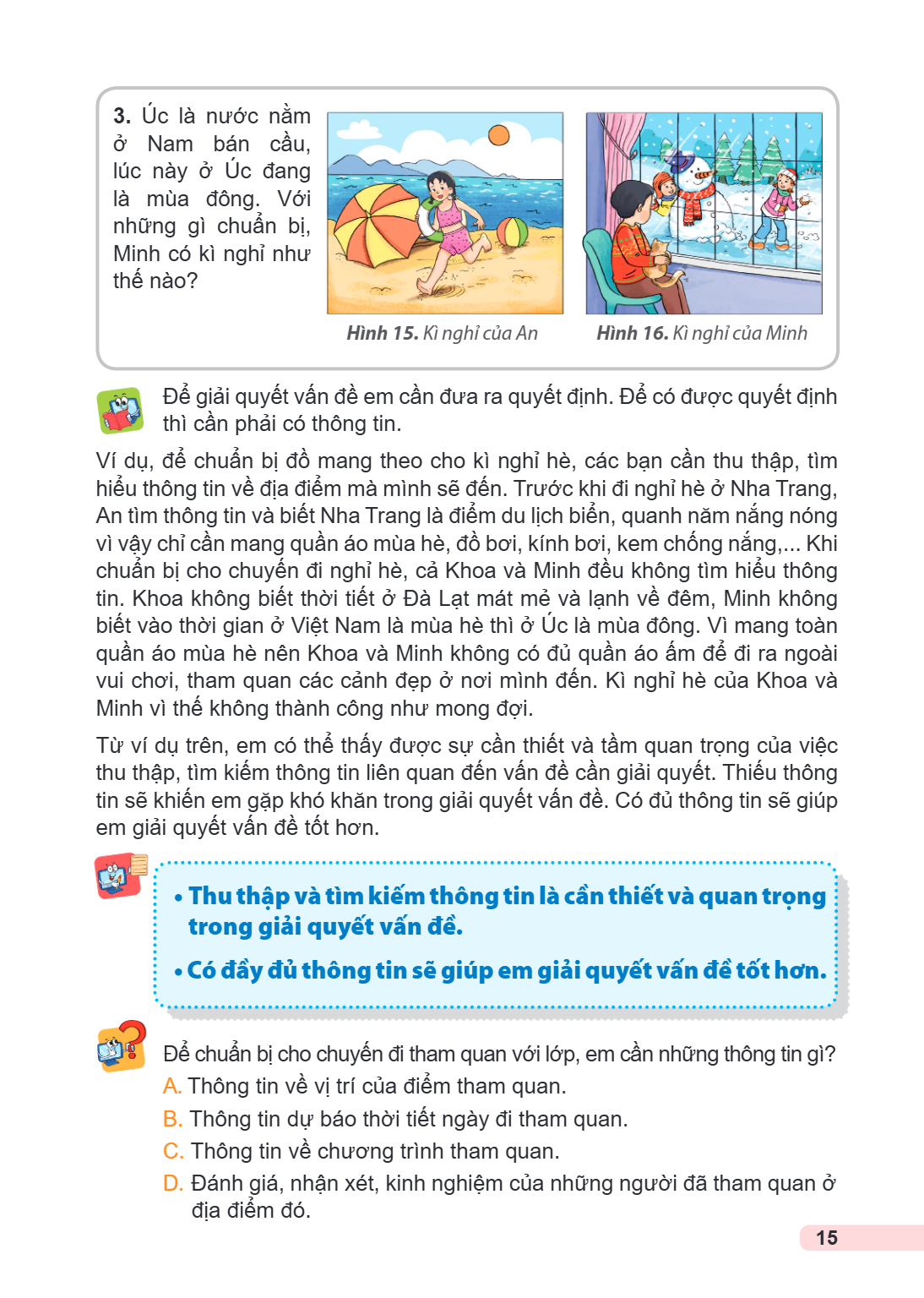 Úc là nước nằm ở Nam bán cầu, lúc này ở Úc đang là mùa đông. Với những gì chuẩn bị, Minh có kì nghỉ như thế nào? Hình 15. Kì nghỉ của An Hình 16. Kì nghỉ của Mi
