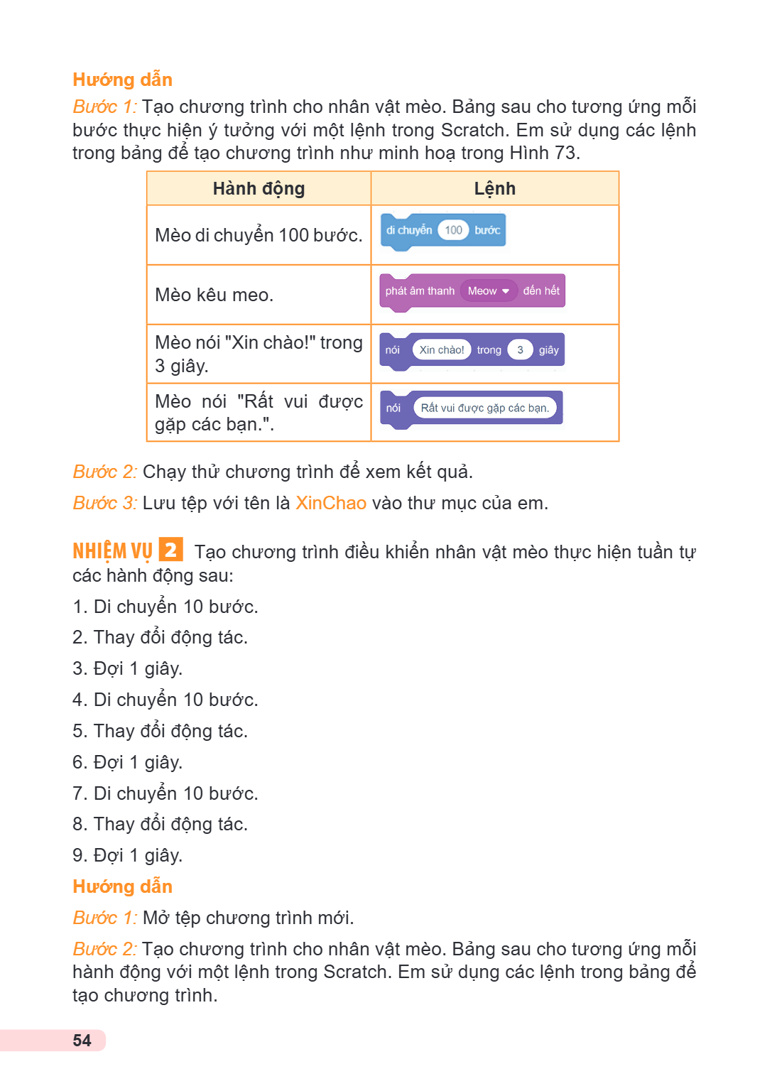 Hướng dẫn Bước 1: Tạo chương trình cho nhân vật mèo. Bảng sau cho tương ứng mỗi bước thực hiện ý tưởng với một lệnh trong Scratch. Em sử dụng các lệnh trong bản