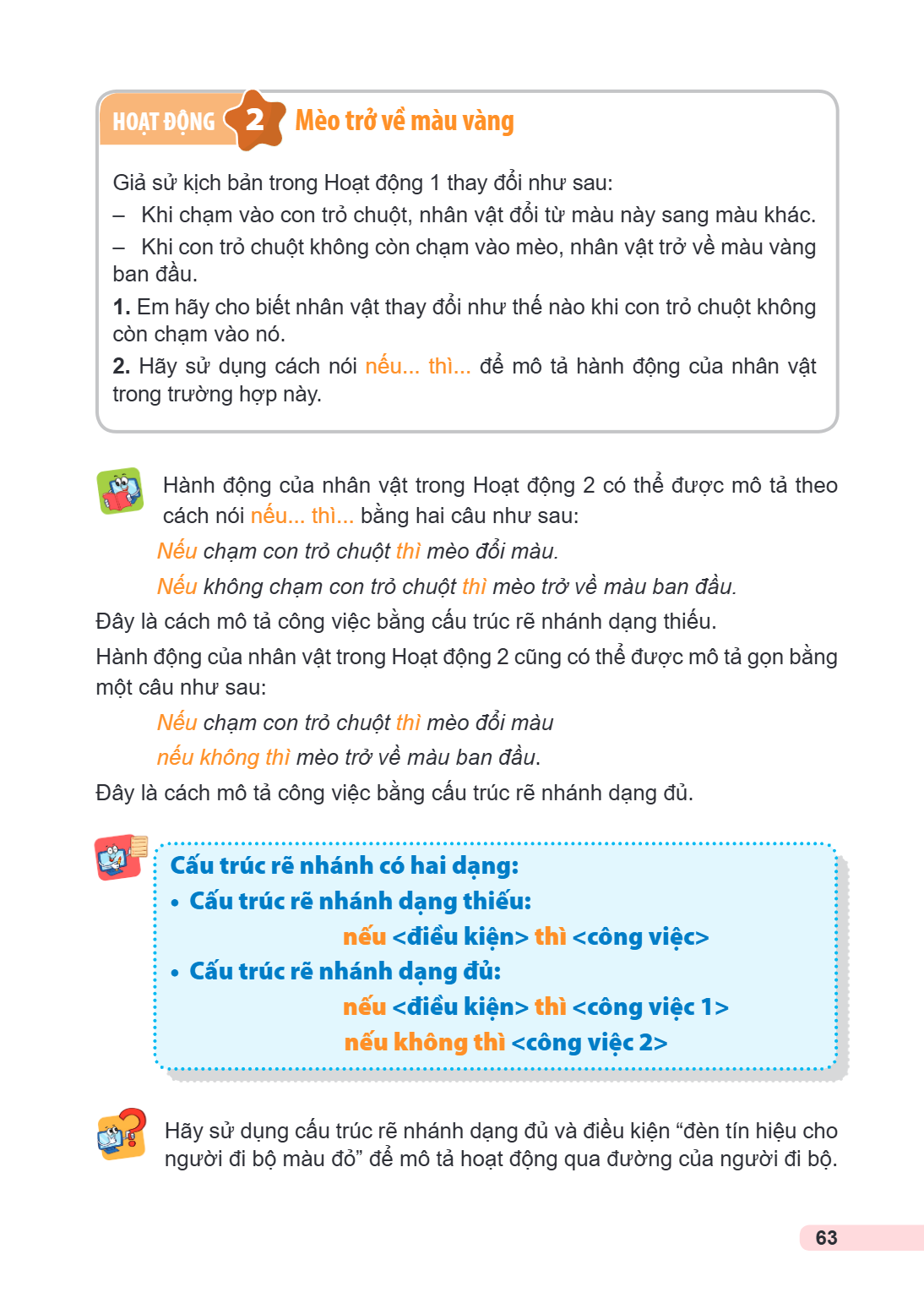 Hoạt động 2 Mèo trở về màu vàng Giả sử kịch bản trong Hoạt động 1 thay đổi như sau: - Khi chạm vào con trỏ chuột, nhân vật đổi từ màu này sang màu khác. - Khi c
