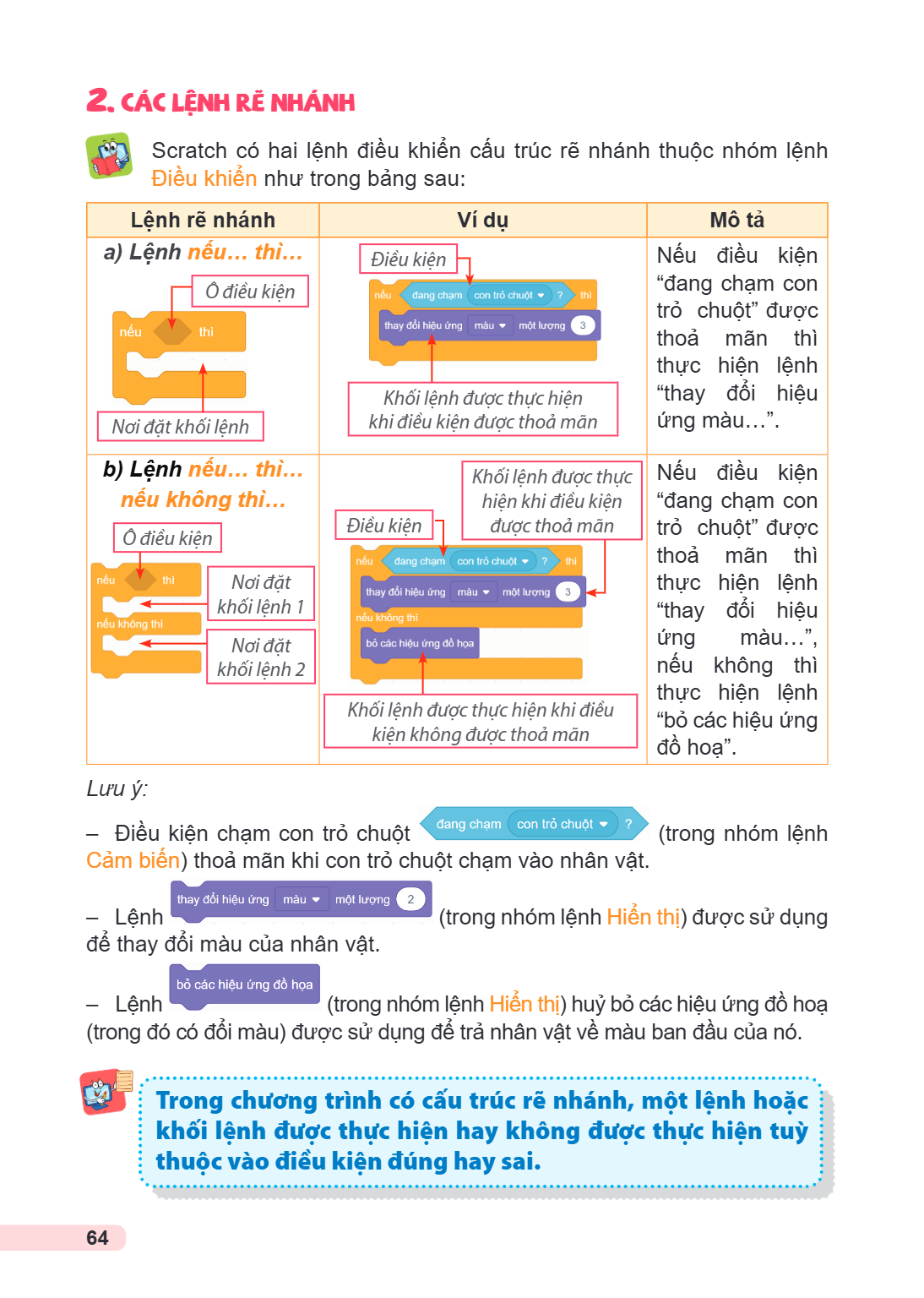 2. CÁC LỆNH RỄ NHÁNH Scratch có hai lệnh điều khiển cấu trúc rẽ nhánh thuộc nhóm lệnh Điều khiển như trong bảng sau: Lệnh rẽ nhánh, Ví dụ, Mô tả a) Lệnh nếu... 