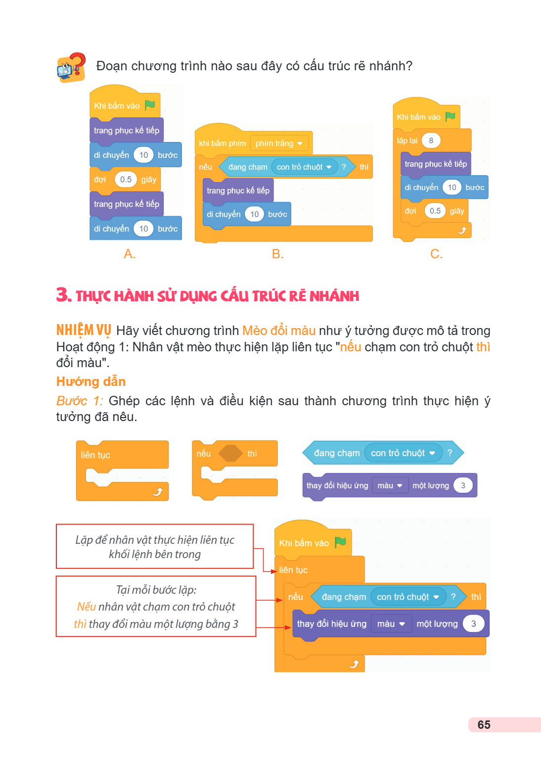 Đoạn chương trình nào sau đây có cấu trúc rẽ nhánh? A. B. C. 3. THỰC HÀNH SỬ DỤNG CẤU TRÚC RẼ NHÁNH N HIỆM VỤ Hãy viết chương trình Mèo đổi màu như ý tưởng được