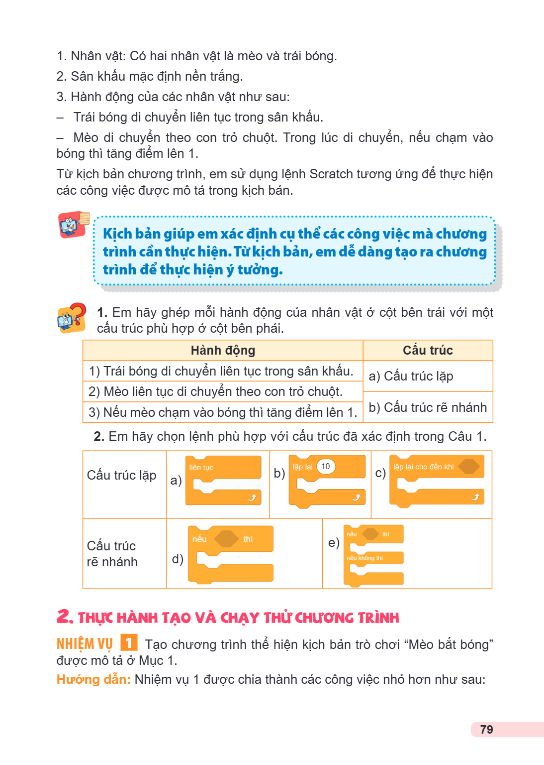 Nhân vật: Có hai nhân vật là mèo và trái bóng. Sân khấu mặc định nền trắng. Hành động của các nhân vật như sau: - Trái bóng di chuyển liên tục trong sân khấu. -