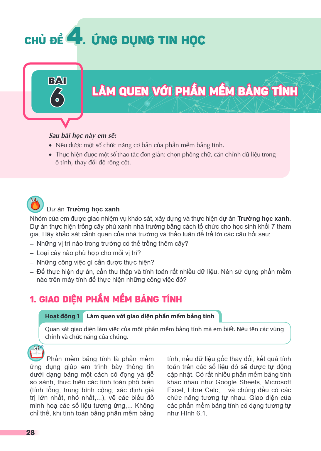 CHỦ ĐỀ 4. ỨNG DỤNG TIN HỌC Bài 6. Làm quen với phần mềm bảng tính Sau bài học này em sẽ: Nêu được một số chức năng cơ bản của phần mềm bảng tính. Thực hiện được