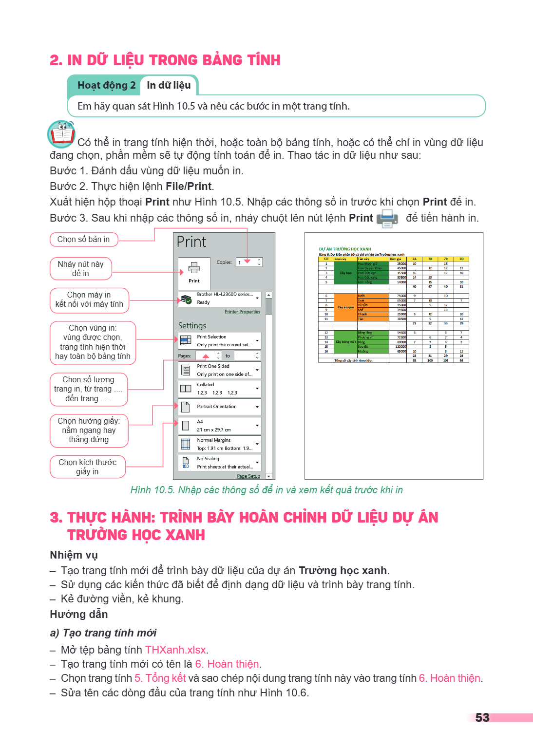 2. IN DỮ LIỆU TRONG BẢNG TÍNH Hoạt động 2 In dữ liệu Em hãy quan sát Hình 10.5 và nêu các bước in một trang tính. Có thể in trang tính hiện thời, hoặc toàn bộ b