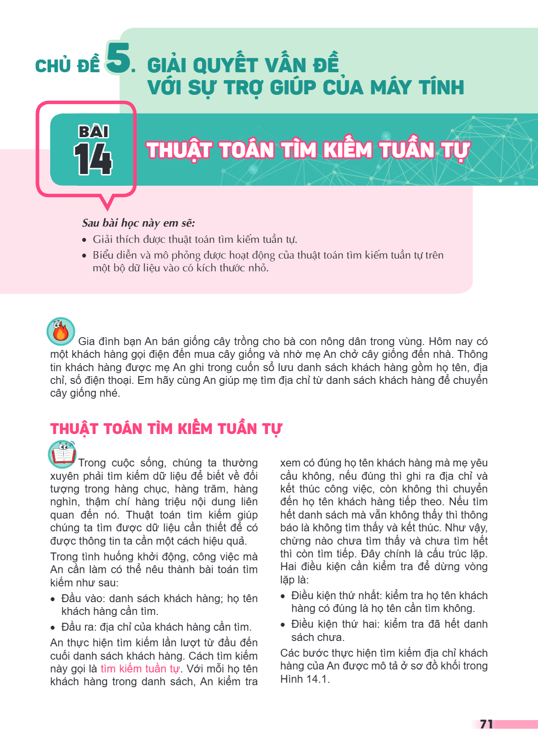 CHỦ ĐỀ 5. GIẢI QUYẾT VẤN ĐỀ VỚI SỰ TRỢ GIÚP CỦA MÁY TÍNH Bài 14. Thuật toán tìm kiếm tuần tự Sau bài học này em sẽ: Giải thích được thuật toán tìm kiếm tuần tự.