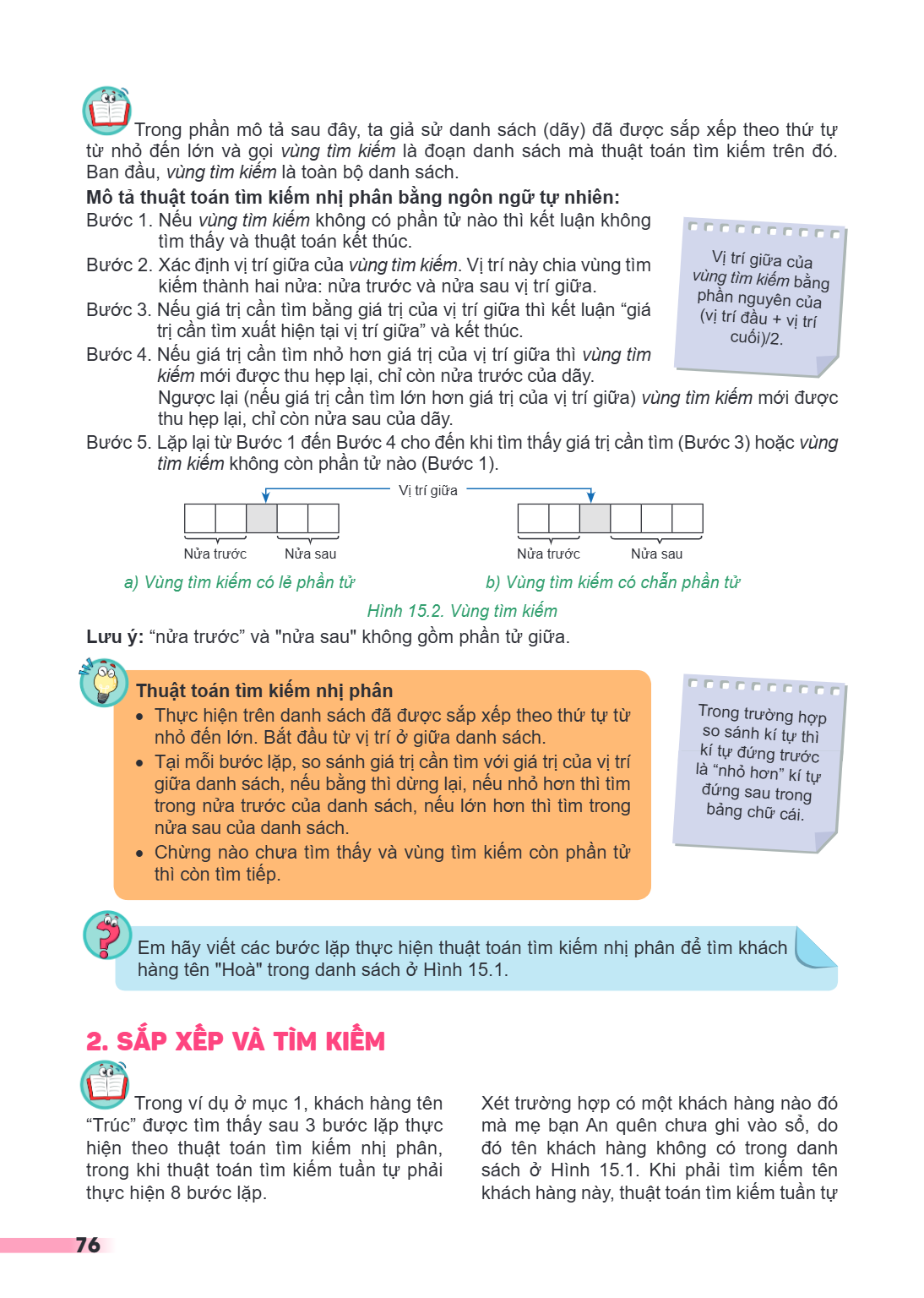 Trong phần mô tả sau đây, ta giả sử danh sách (dãy) đã được sắp xếp theo thứ tự từ nhỏ đến lớn và gọi vùng tìm kiếm là đoạn danh sách mà thuật toán tìm kiếm trê