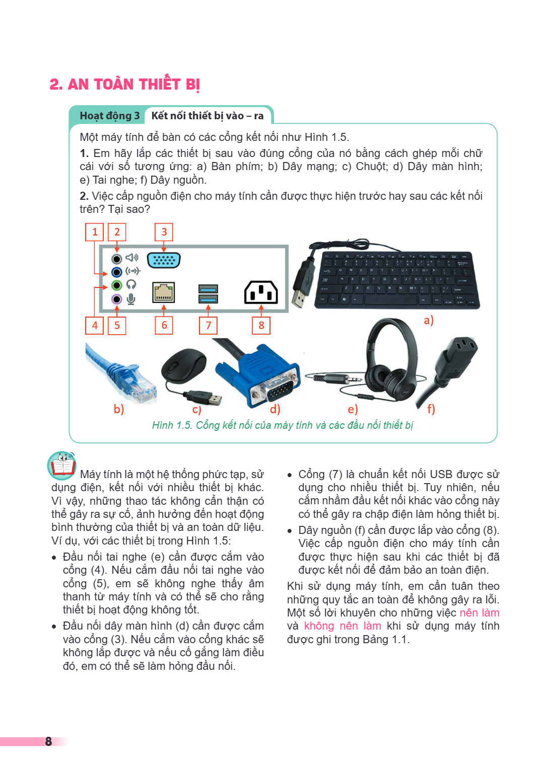 2. An toàn thiết bị Hoạt động 3 Kết nối thiết bị vào - ra Một máy tính để bàn có các cổng kết nối như Hình 1.5. 1. Em hãy lắp các thiết bị sau vào đúng cổng của