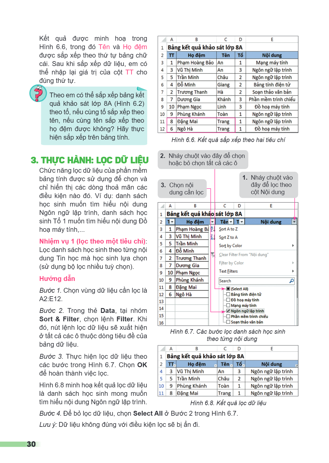 Kết quả được minh hoạ trong Hình 6.6, trong đó Tên và Họ đệm được sắp xếp theo thứ tự bảng chữ cái. Sau khi sắp xếp dữ liệu, em có thể nhập lại giá trị của cột 