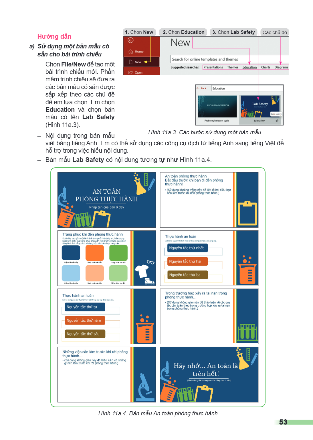 Hướng dẫn 1. Chọn New 2. Chọn Education 3. Chọn Lab Safety Các chủ đề a) Sử dụng một bản mẫu có sẵn cho bài trình chiếu Chọn File/New để tạo một bài trình chiếu