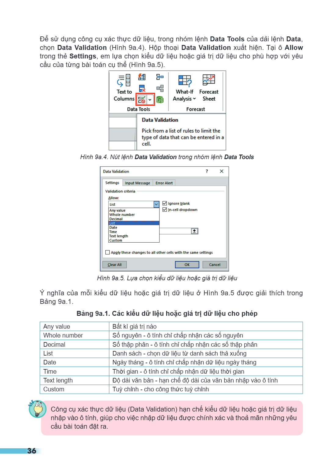 Để sử dụng công cụ xác thực dữ liệu, trong nhóm lệnh Data Tools của dải lệnh Data, chọn Data Validation (Hình 9a.4). Hộp thoại Data Validation xuất hiện. Tại ô 