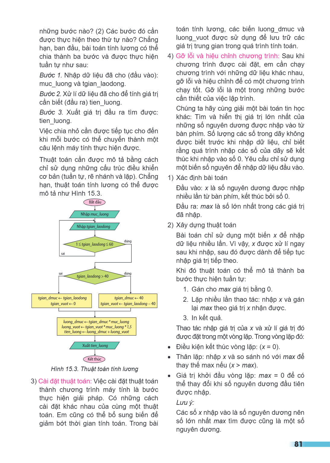 những bước nào? (2) Các bước đó cần được thực hiện theo thứ tự nào? Chẳng hạn, ban đầu, bài toán tính lương có thể chia thành ba bước và được thực hiện tuần tự 