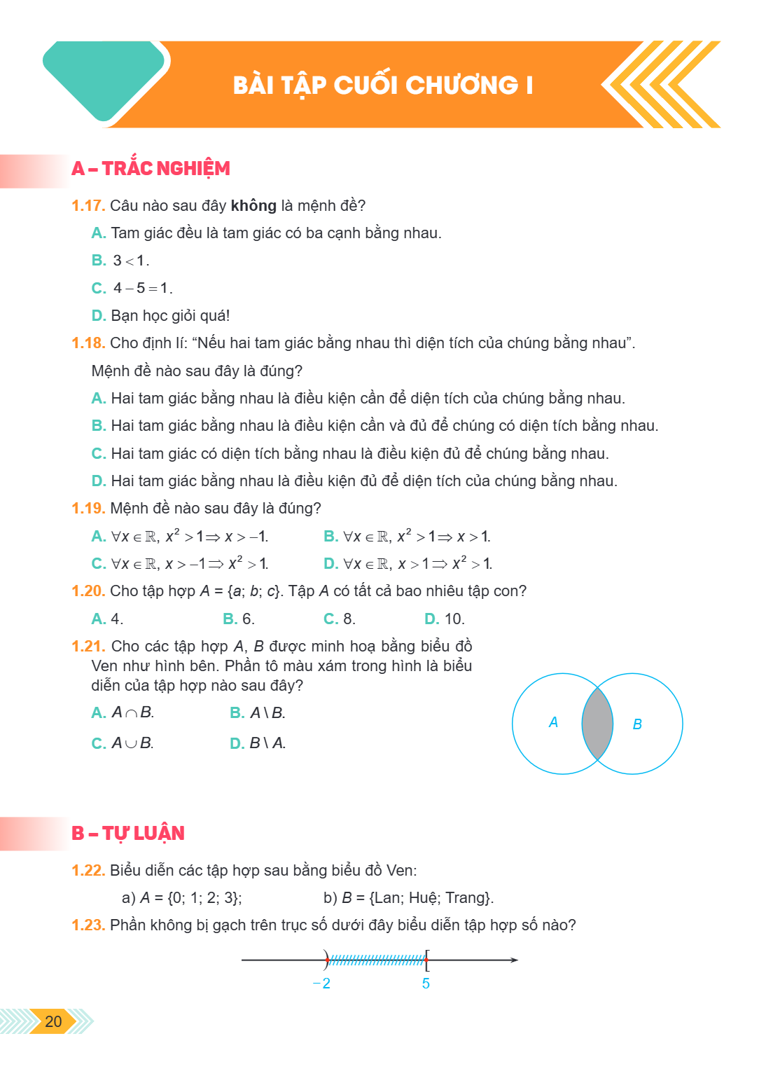 Bài tập cuối chương I A – TRẮC NGHIỆM 1.17. Câu nào sau đây không là mệnh đề? A. Tam giác đều là tam giác có ba cạnh bằng nhau. B. $3 < 1$. C. $4 - 5 = 1$. D. B