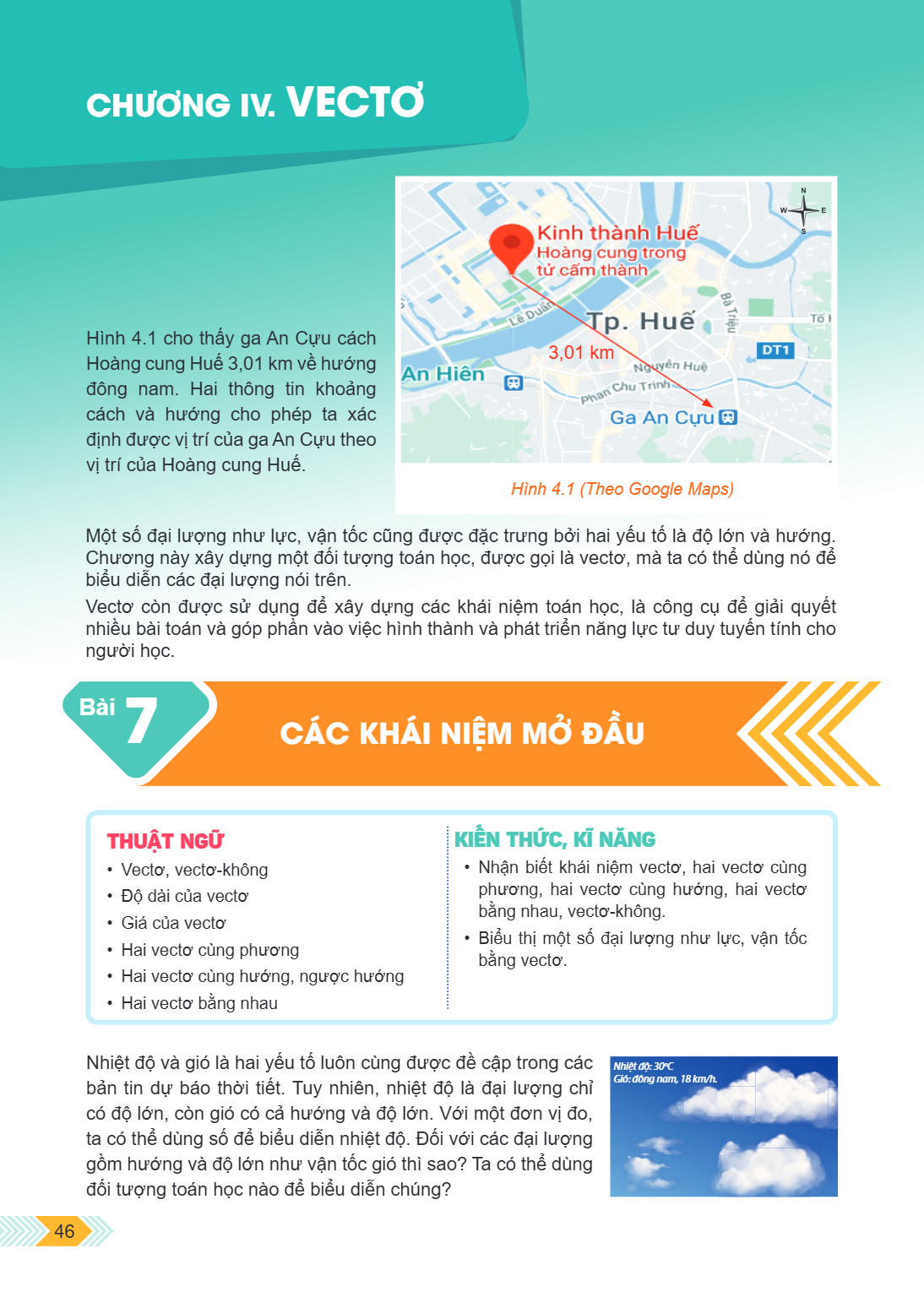Chương IV. VECTƠ Hình 4.1 cho thấy ga An Cựu cách Hoàng cung Huế 3,01 km về hướng đông nam. Hai thông tin khoảng cách và hướng cho phép ta xác định được vị trí 