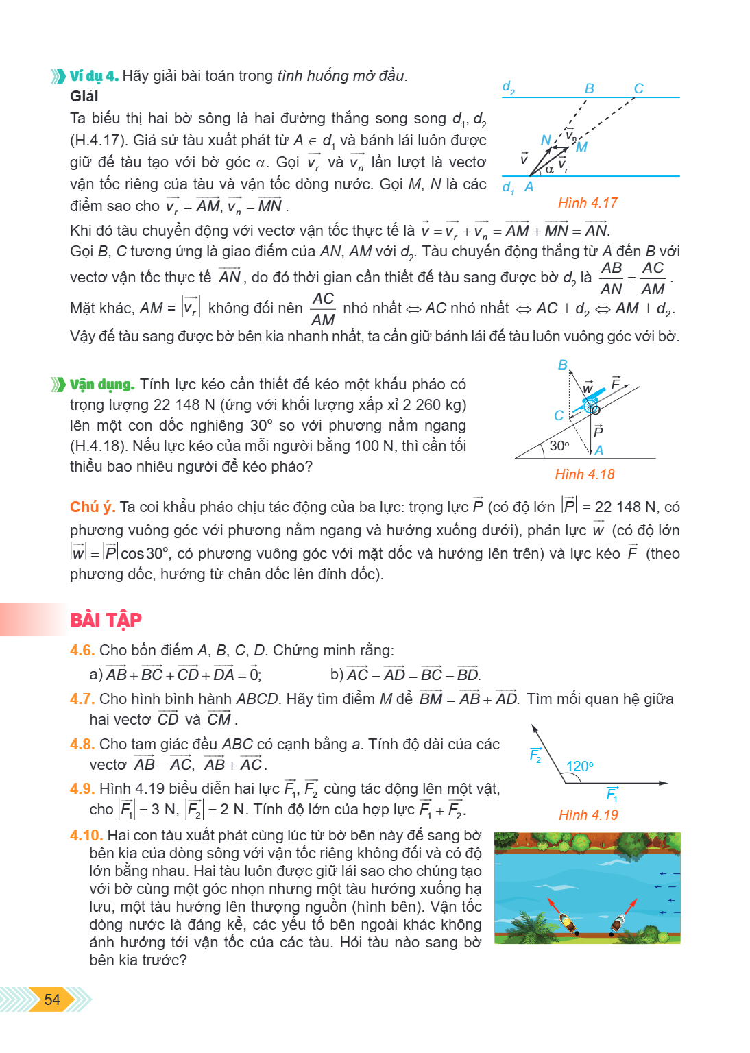Ví dụ 4. Hãy giải bài toán trong tình huống mở đầu. Giải Ta biểu thị hai bờ sông là hai đường thẳng song song $d_1, d_2$ (H.4.17). Giả sử tàu xuất phát từ $A \i