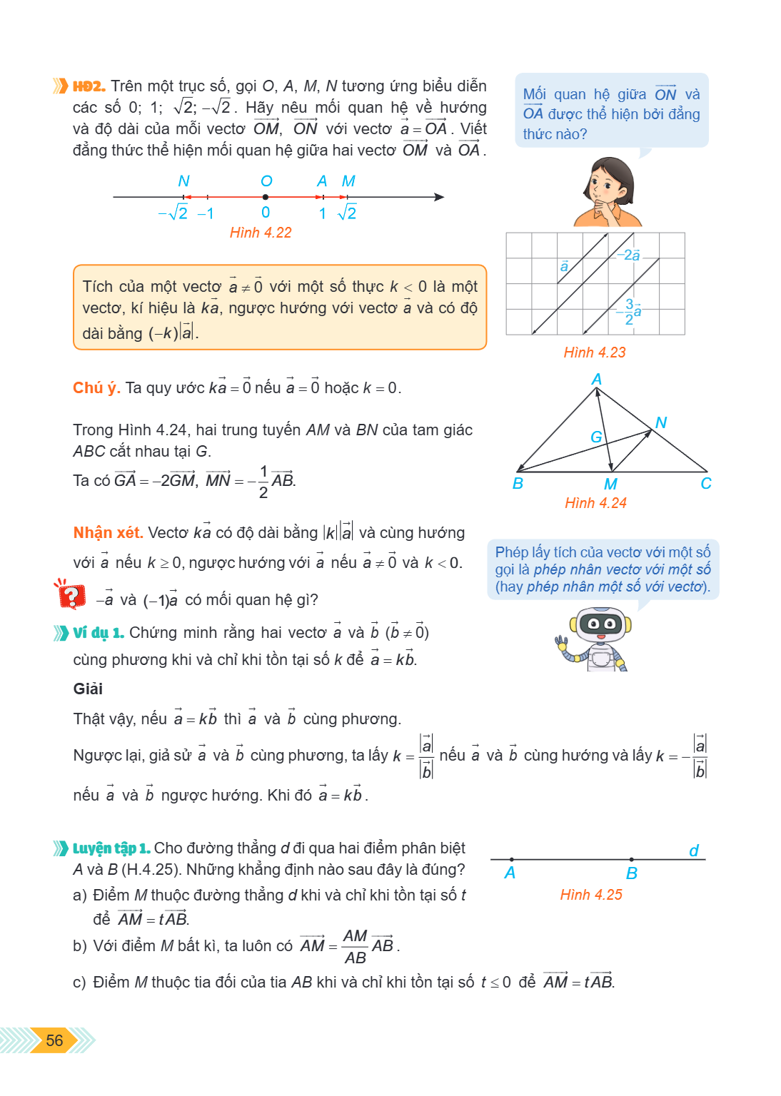 HD2. Trên một trục số, gọi $O, A, M, N$ tương ứng biểu diễn các số $0; 1; \sqrt{2}; -\sqrt{2}$. Hãy nêu mối quan hệ về hướng và độ dài của mỗi vectơ $\overright