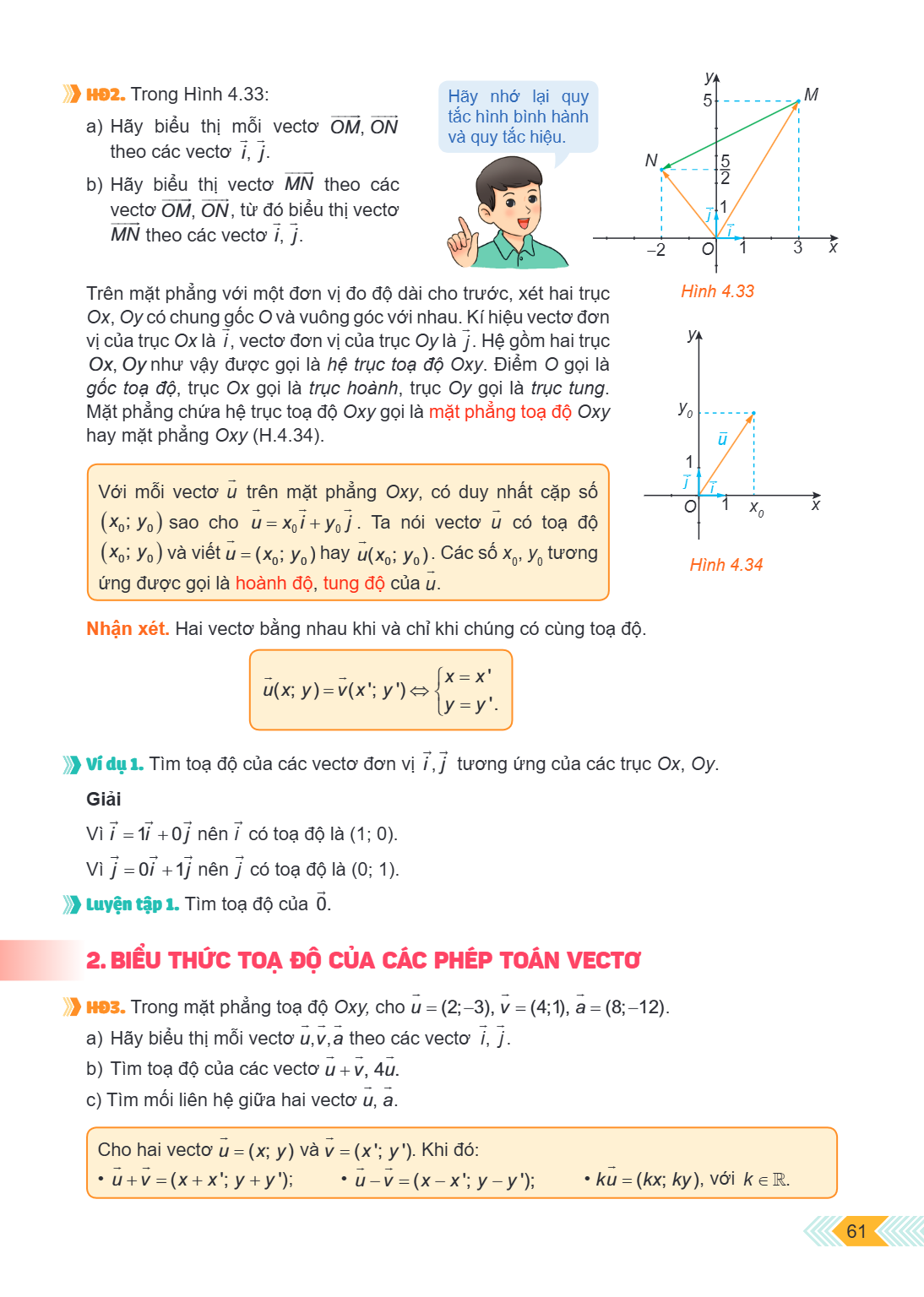 HĐ2. Trong Hình 4.33: a) Hãy biểu thị mỗi vectơ $\overrightarrow{OM}, \overrightarrow{ON}$ theo các vectơ $\vec{i}, \vec{j}$. b) Hãy biểu thị vectơ $\overrighta