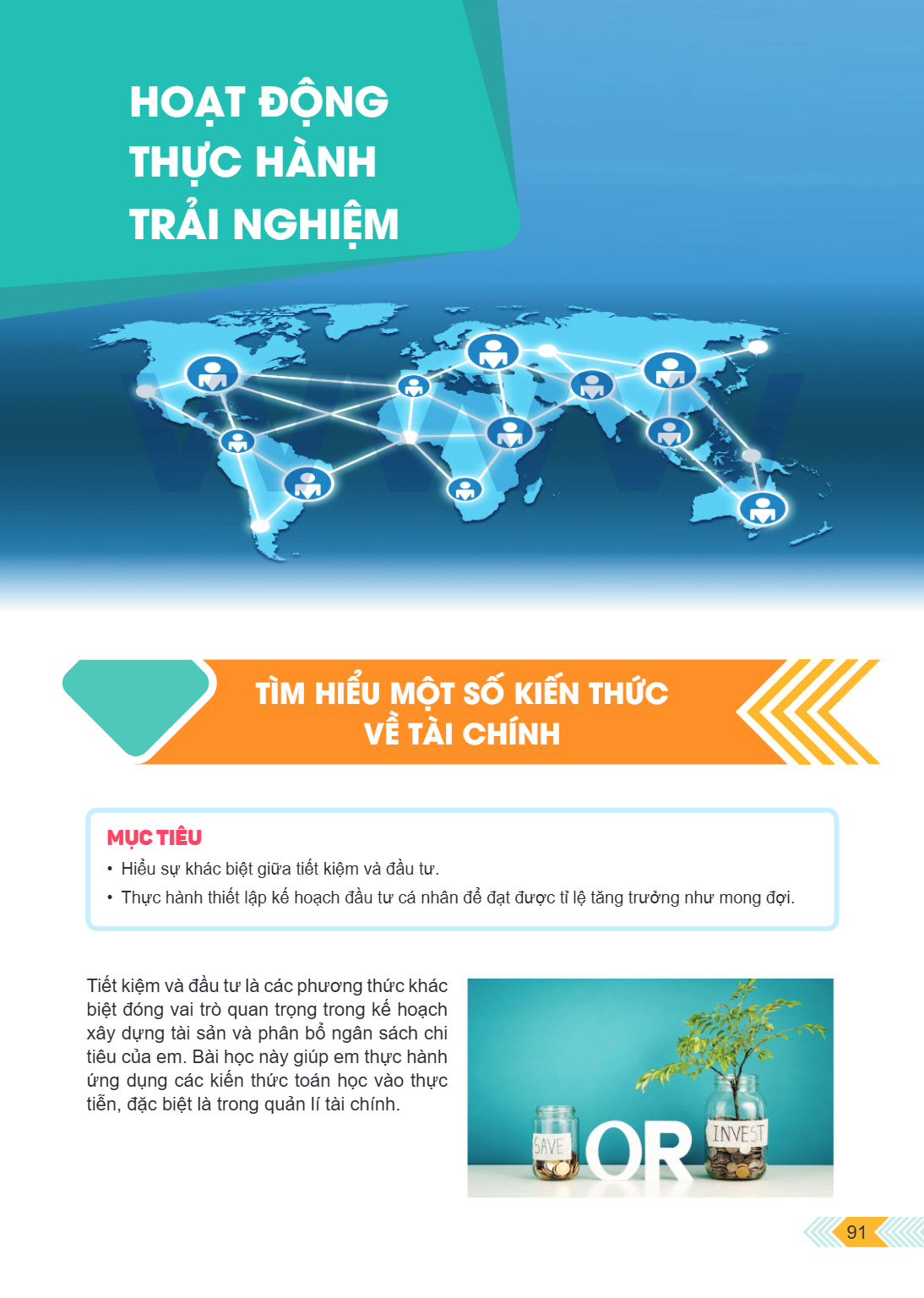 HOẠT ĐỘNG THỰC HÀNH TRẢI NGHIỆM TÌM HIỂU MỘT SỐ KIẾN THỨC VỀ TÀI CHÍNH MỤC TIÊU Hiểu sự khác biệt giữa tiết kiệm và đầu tư. Thực hành thiết lập kế hoạch đầu tư 