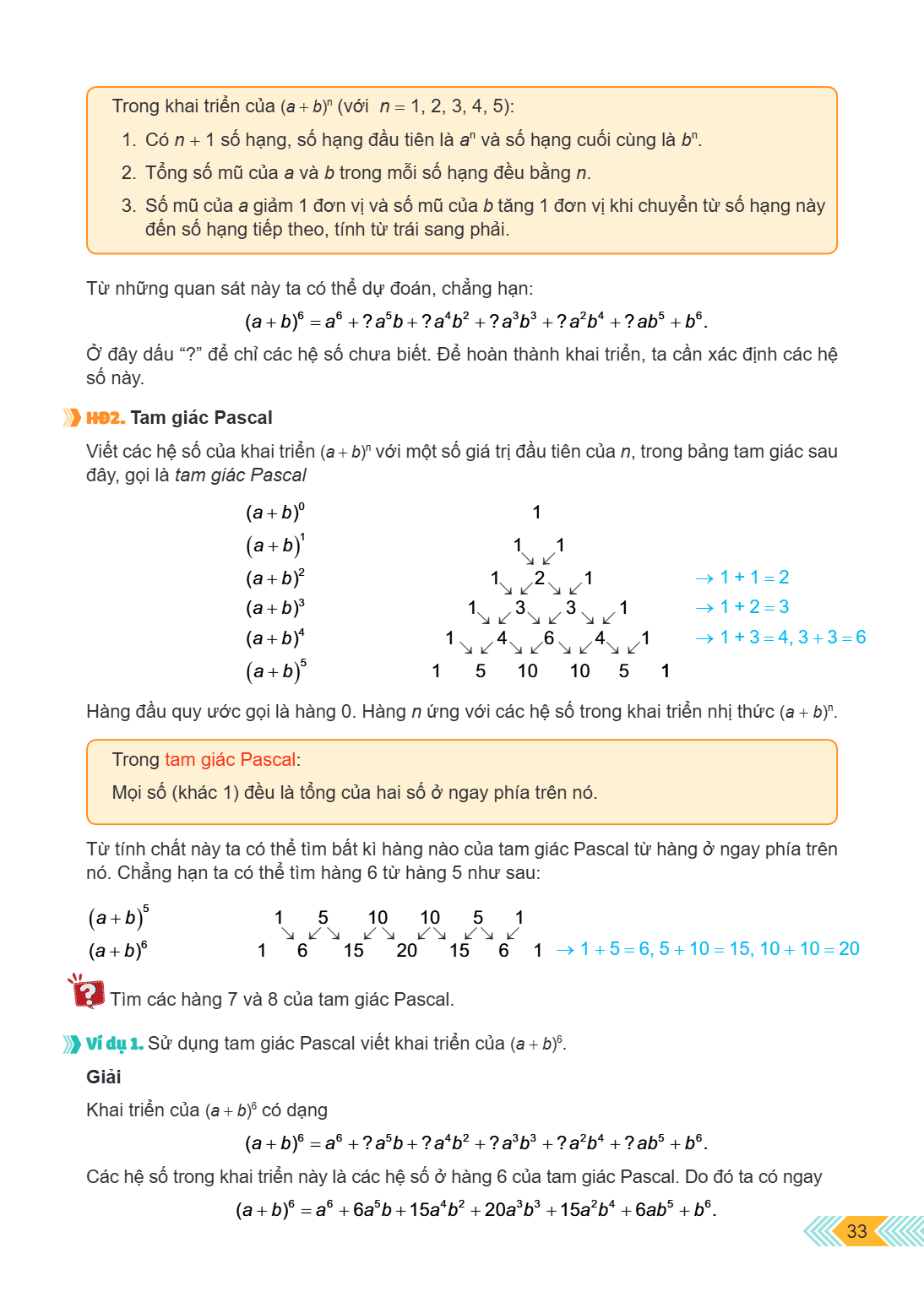 Trong khai triển của $(a+b)^n$ (với $n = 1, 2, 3, 4, 5$): Có $n + 1$ số hạng, số hạng đầu tiên là $a^n$ và số hạng cuối cùng là $b^n$. Tổng số mũ của $a$ và $b$