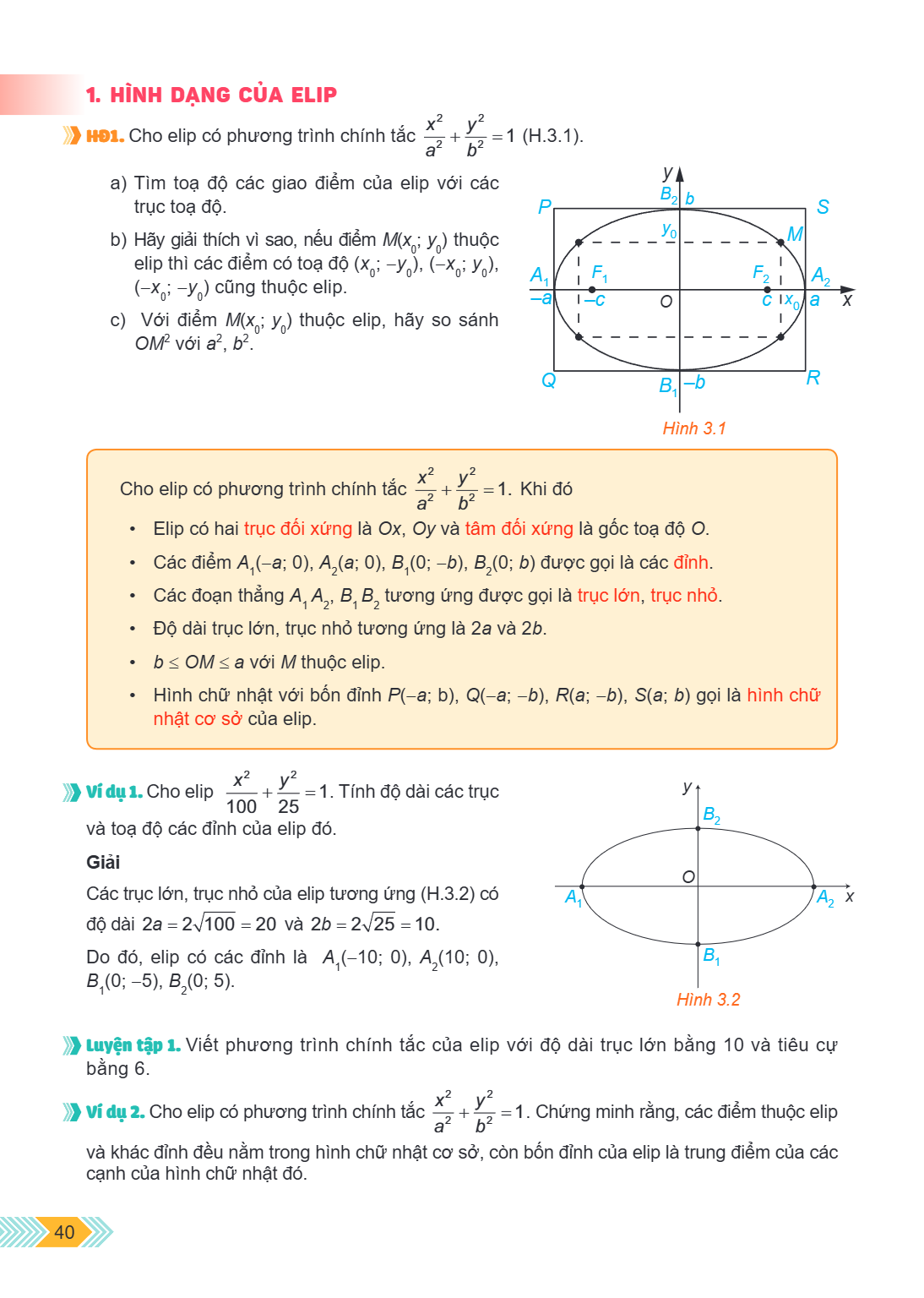 1. HÌNH DẠNG CỦA ELIP HĐ1. Cho elip có phương trình chính tắc $\frac{x^2}{a^2} + \frac{y^2}{b^2} = 1$ (H.3.1). a) Tìm toạ độ các giao điểm của elip với các trục